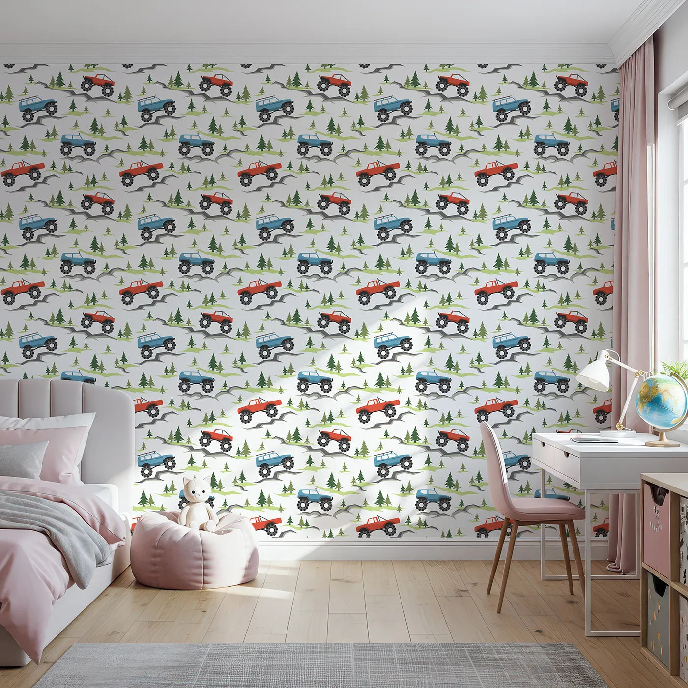 Front view of Whimsy Tots' Monster Truck Rally Wallpaper