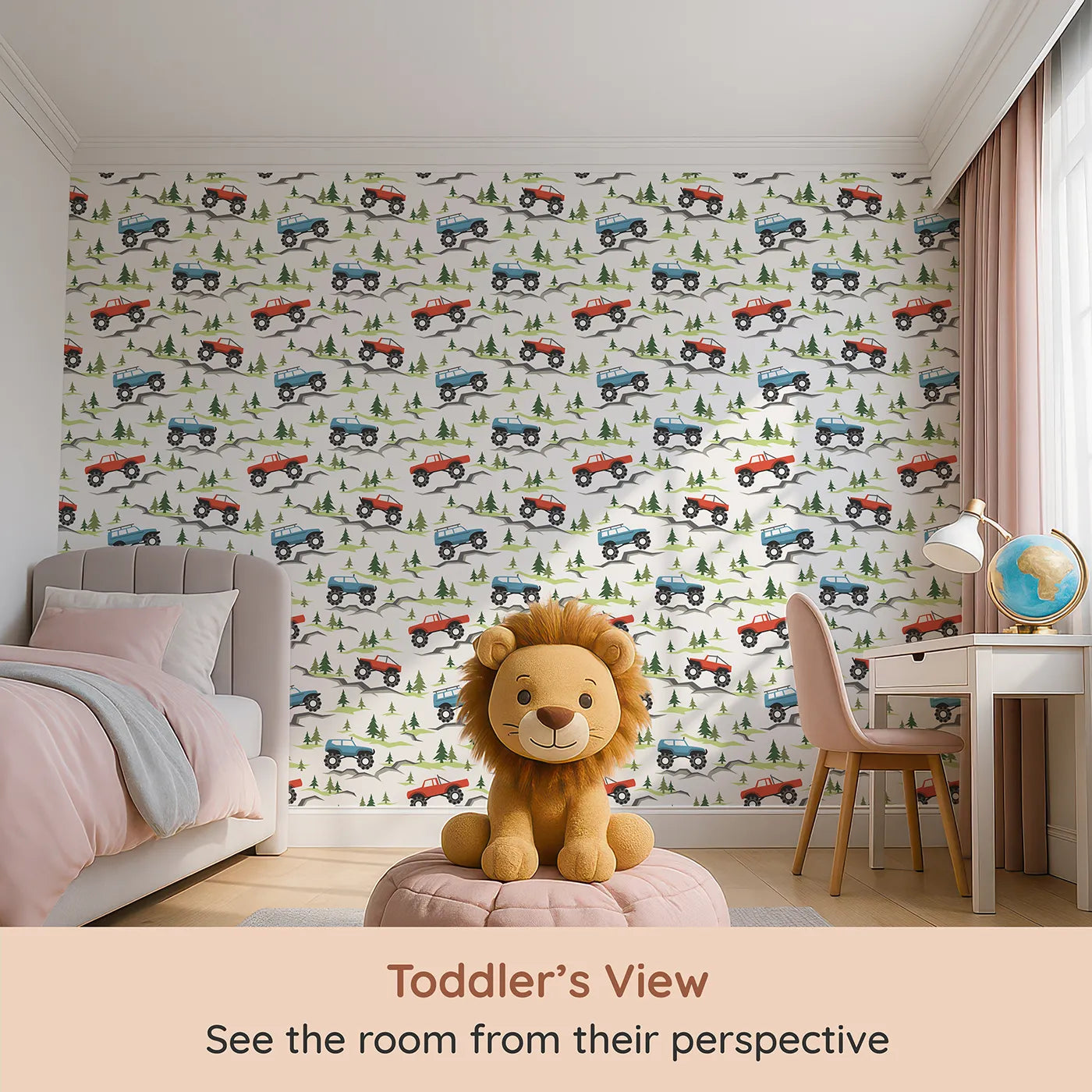 Whimsy Tots Monster Truck Rally Wallpaper (W2238) from your child's view.Where big-wheeled monster trucks conquer any terrain.