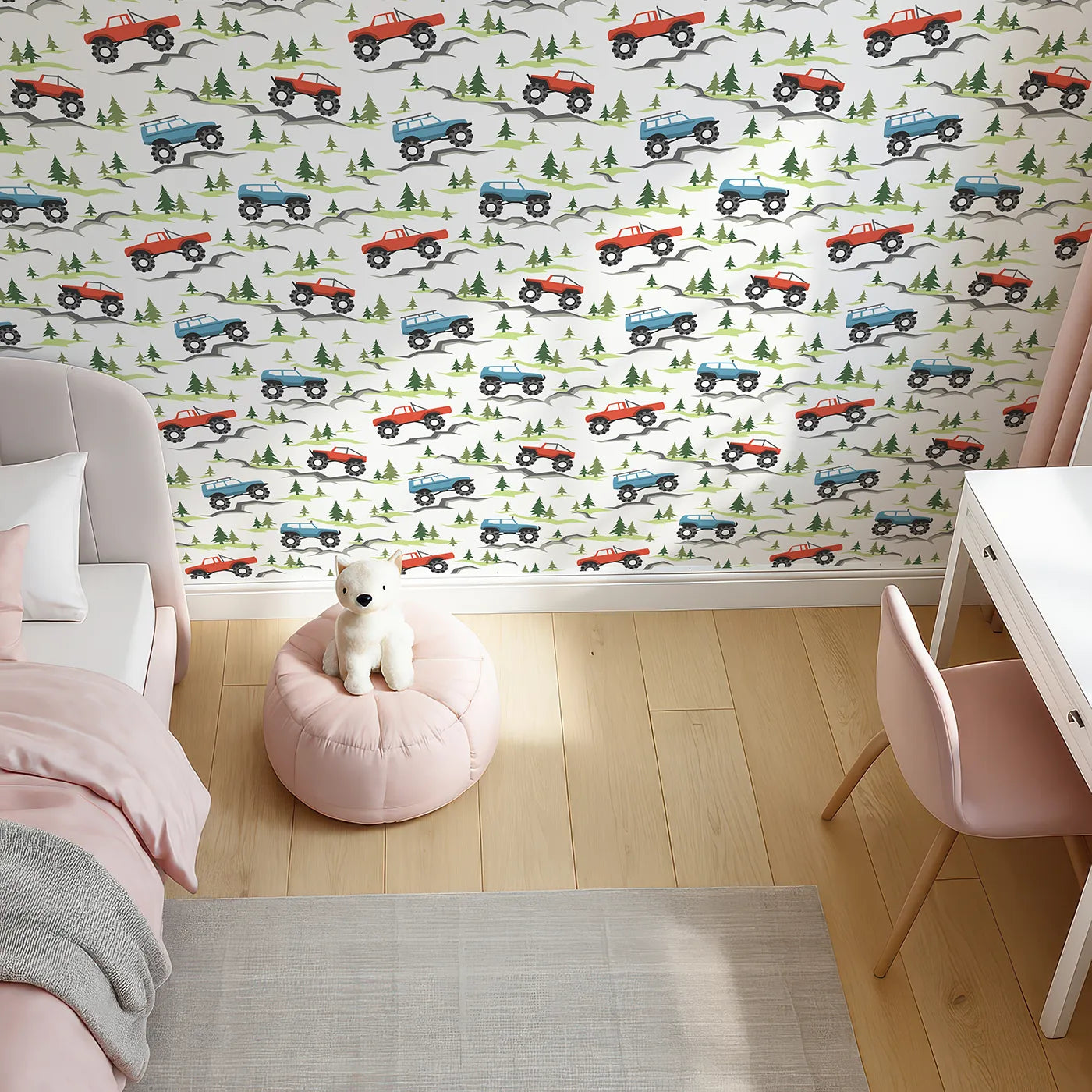 Top-Down view of Whimsy Tots' Monster Truck Rally Wallpaper (W2238).Where big-wheeled monster trucks conquer any terrain.