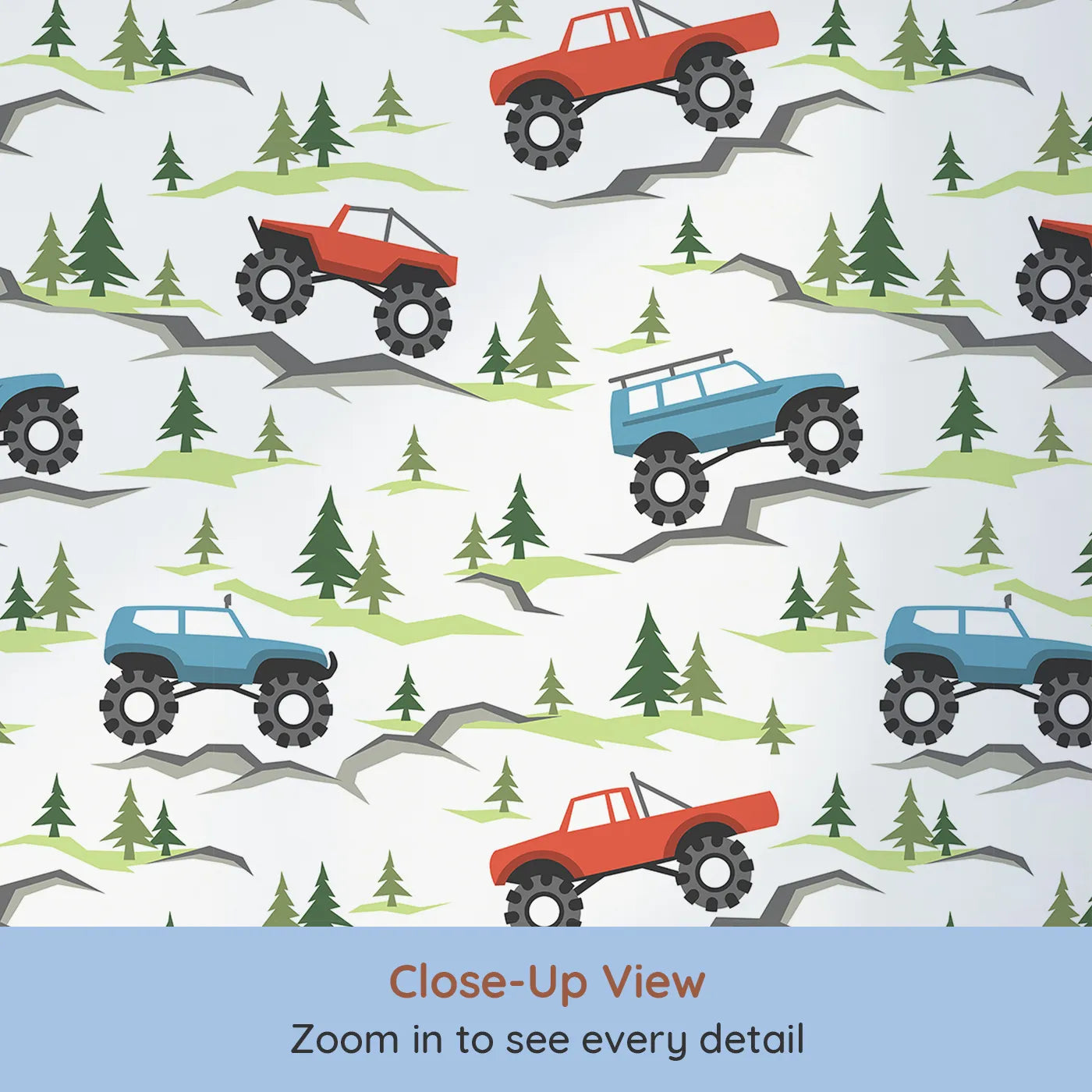 Close-up view of Whimsy Tots' Monster Truck Rally Wallpaper (W2238).Where big-wheeled monster trucks conquer any terrain.