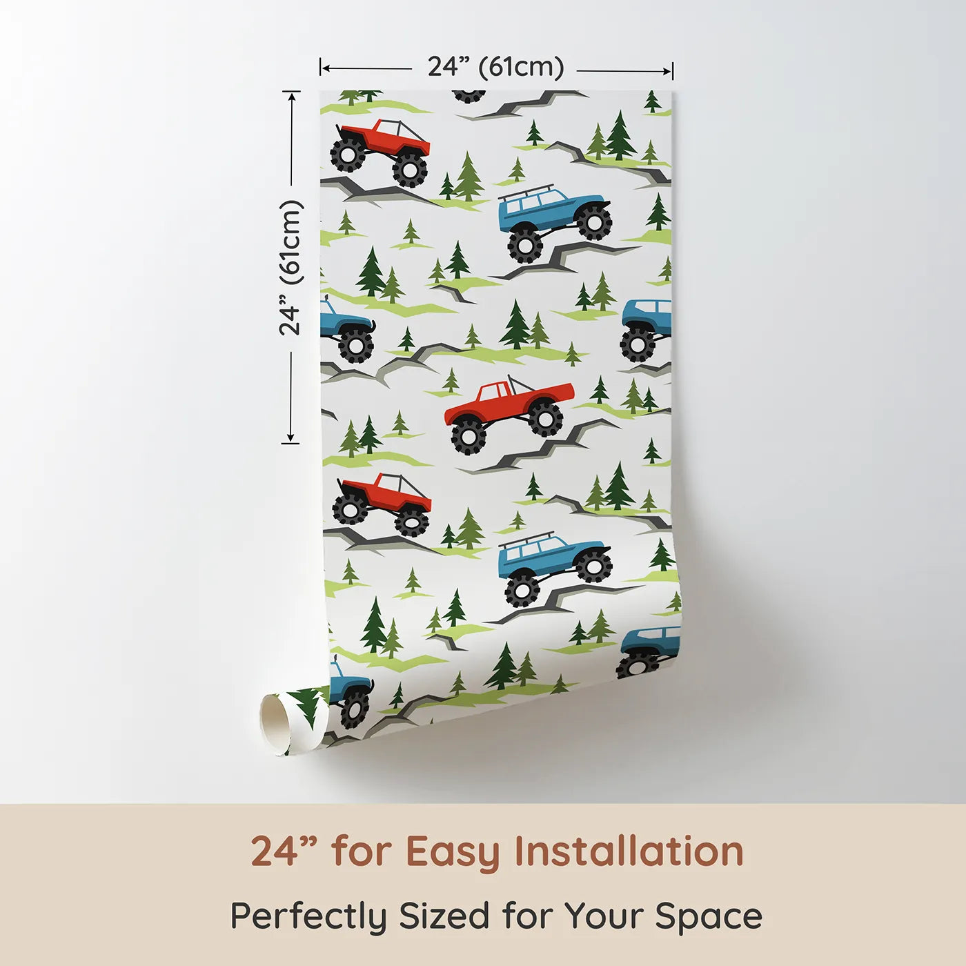 Dimension view of Whimsy Tots Monster Truck Rally Wallpaper (W2238). Printed in 24-inch-wide panel for easy installation. Where big-wheeled monster trucks conquer any terrain.