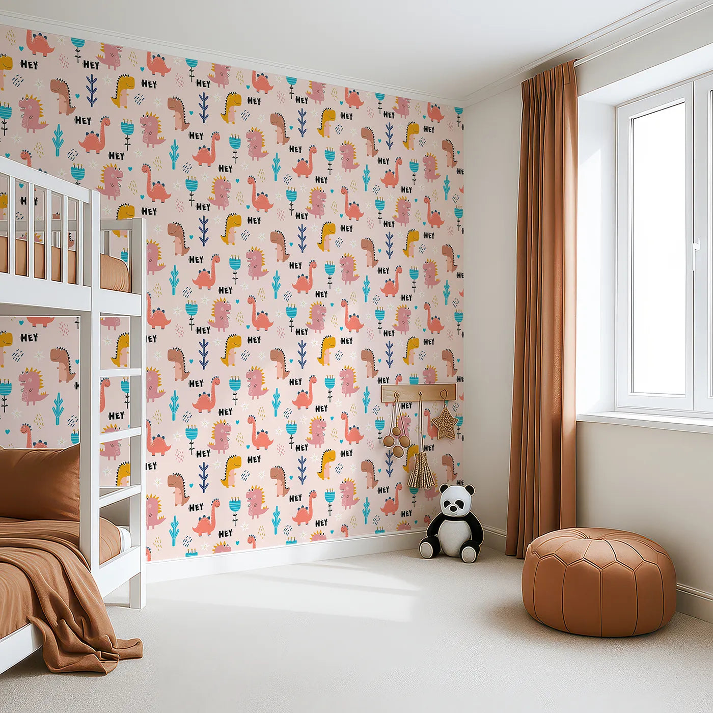 Angled view of Whimsy Tots' Friendly Dino Hey Day Wallpaper (W2239).Where a crew of colorful dinosaurs is always happy to see you.