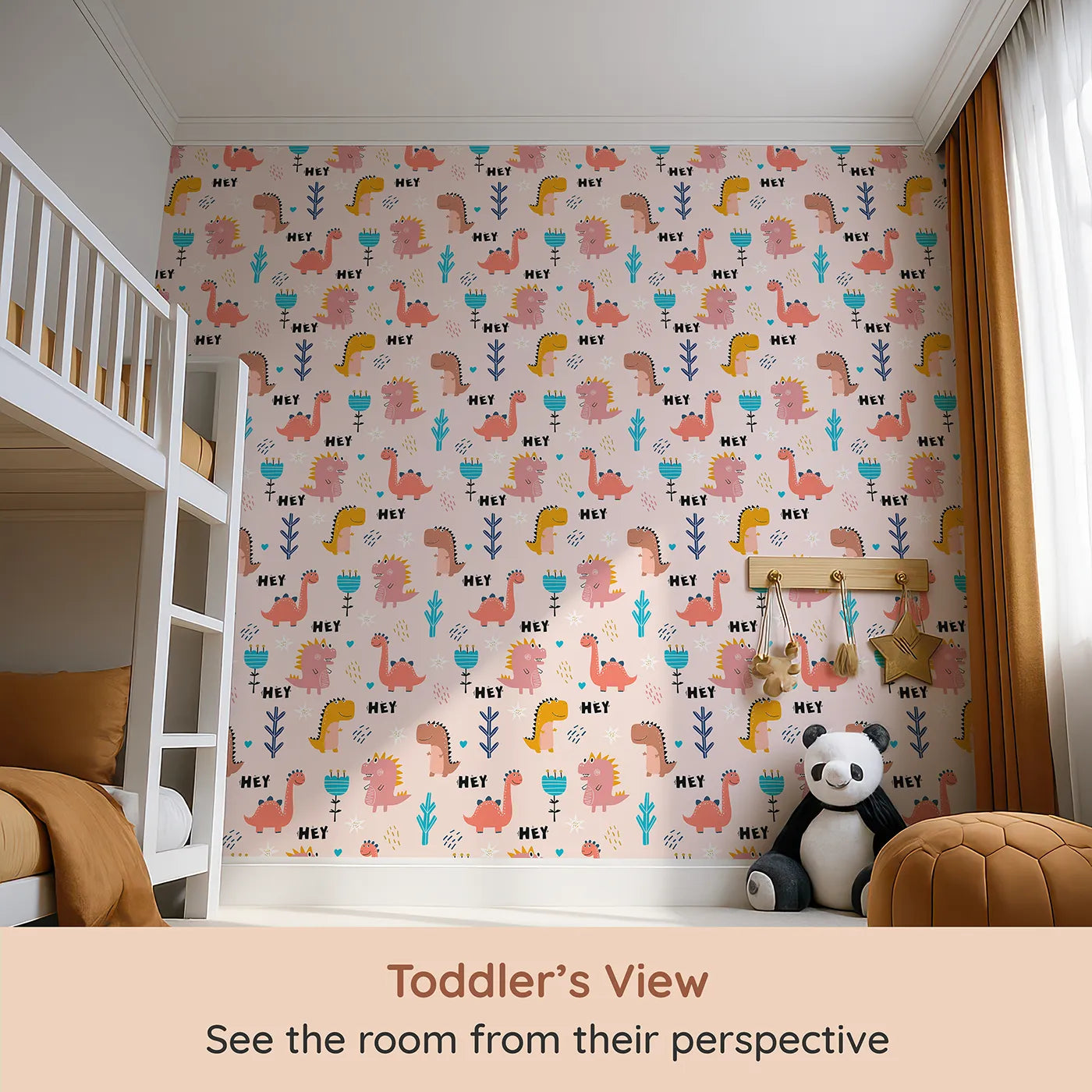 Whimsy Tots Friendly Dino Hey Day Wallpaper (W2239) from your child's view.Where a crew of colorful dinosaurs is always happy to see you.