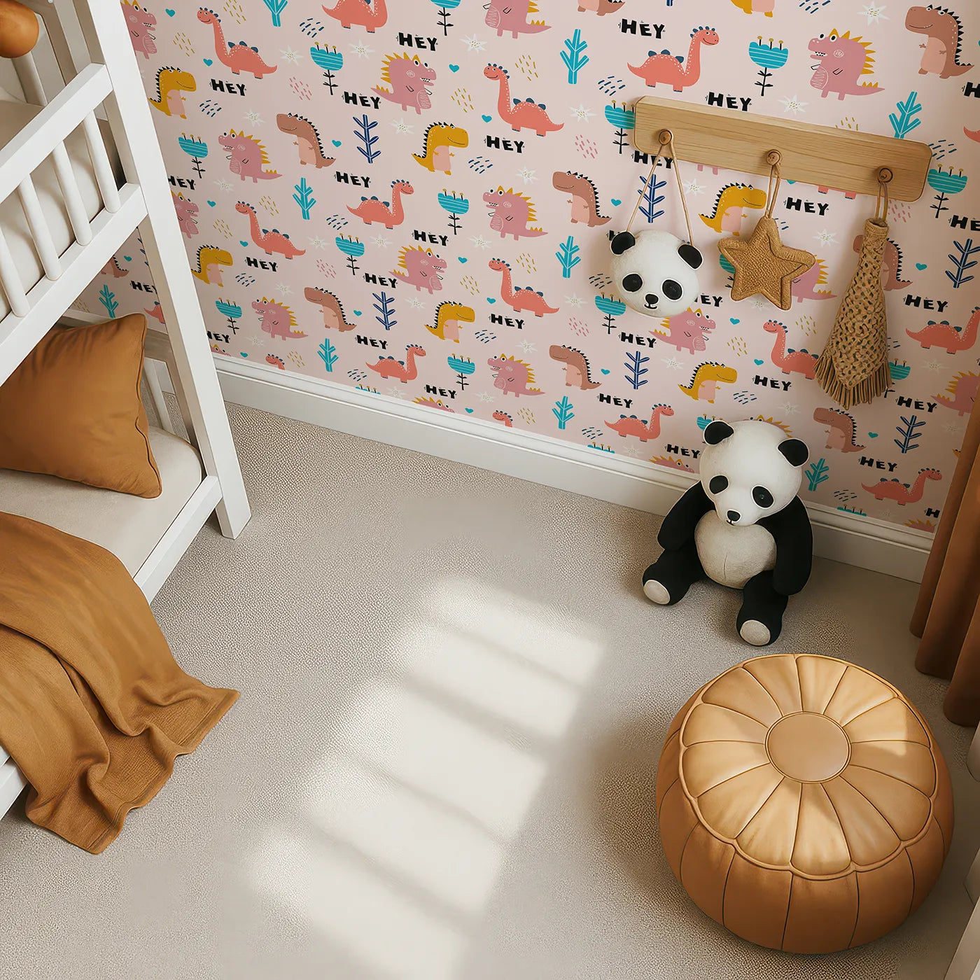 Top-Down view of Whimsy Tots' Friendly Dino Hey Day Wallpaper (W2239).Where a crew of colorful dinosaurs is always happy to see you.