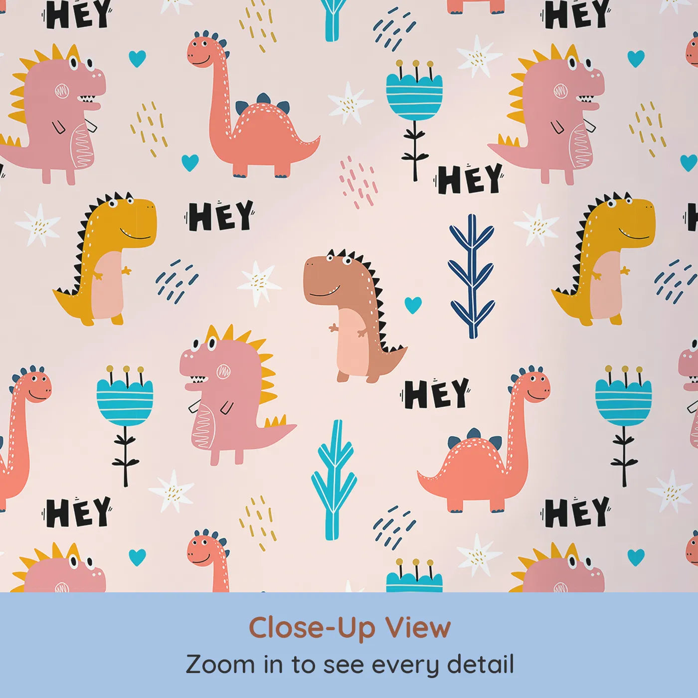 Close-up view of Whimsy Tots' Friendly Dino Hey Day Wallpaper (W2239).Where a crew of colorful dinosaurs is always happy to see you.