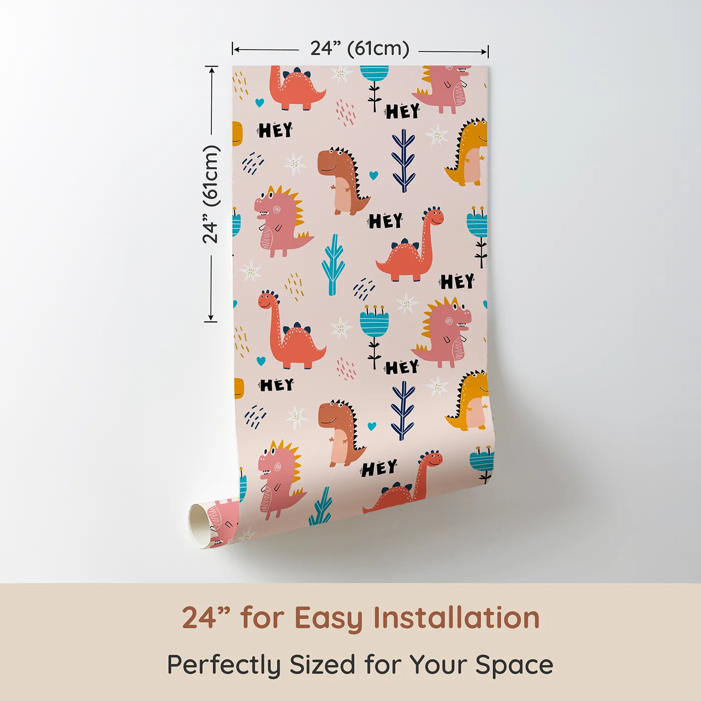 Dimension view of Whimsy Tots Friendly Dino Hey Day Wallpaper (W2239). Printed in 24-inch-wide panel for easy installation. Where a crew of colorful dinosaurs is always happy to see you.