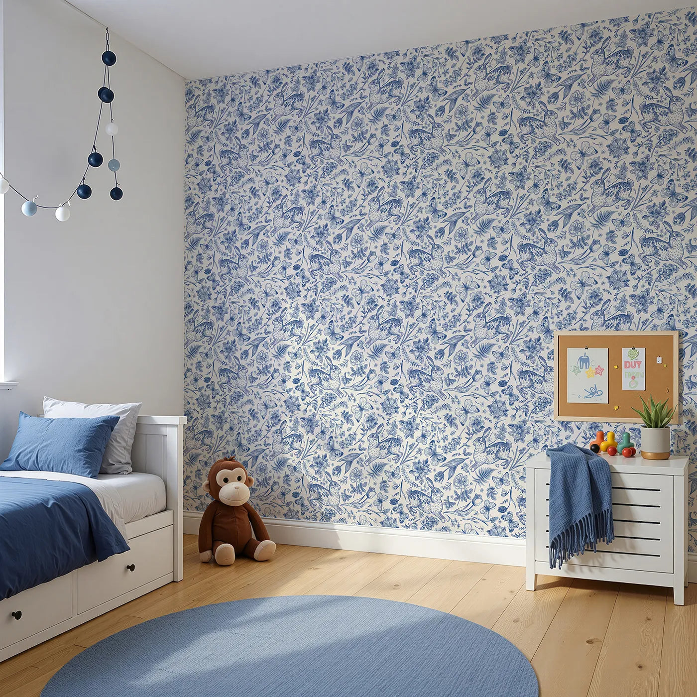 Angled view of Whimsy Tots' Vintage Rabbit Toile Wallpaper in Blue (W2241).Where detailed, hand-drawn rabbits leap through a floral meadow.