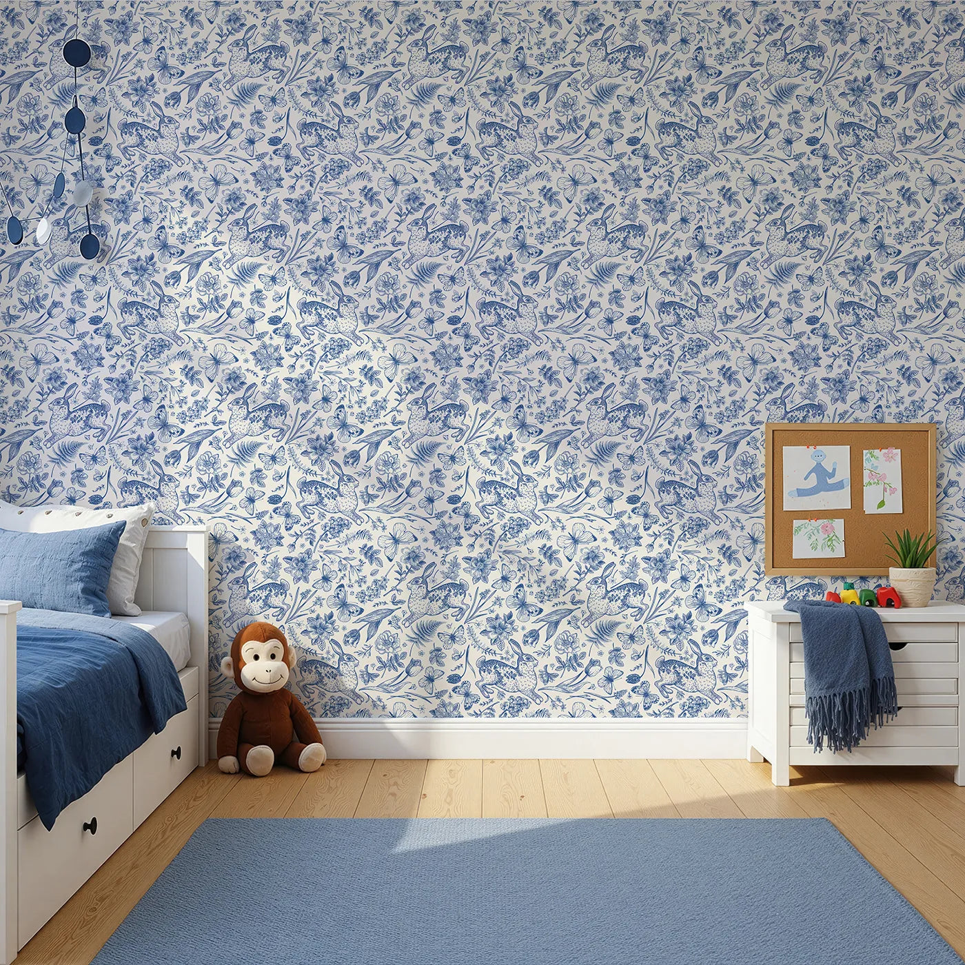 Front view of Whimsy Tots' Vintage Rabbit Toile Wallpaper in Blue