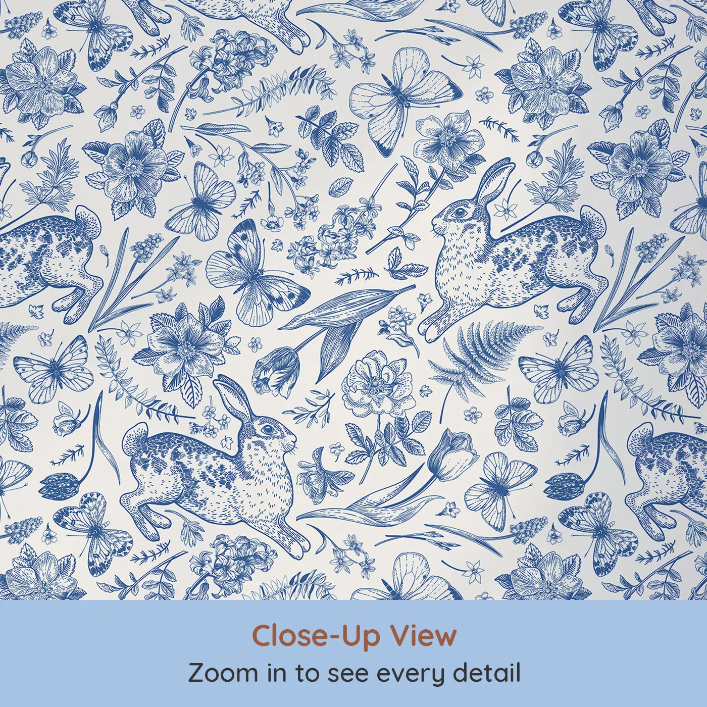 Close-up view of Whimsy Tots' Vintage Rabbit Toile Wallpaper in Blue (W2241).Where detailed, hand-drawn rabbits leap through a floral meadow.