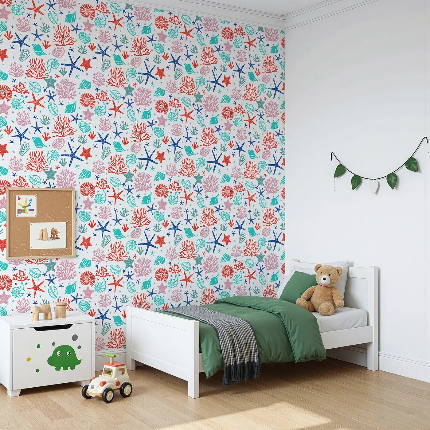 Angled view of Whimsy Tots' Vibrant Coral Reef Wallpaper (W2242).Where a rainbow of sea treasures creates an ocean of color.