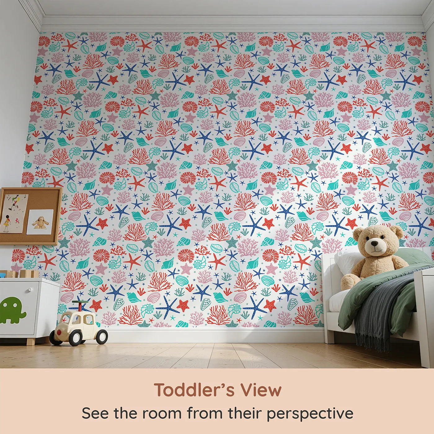 Whimsy Tots Vibrant Coral Reef Wallpaper (W2242) from your child's view.Where a rainbow of sea treasures creates an ocean of color.
