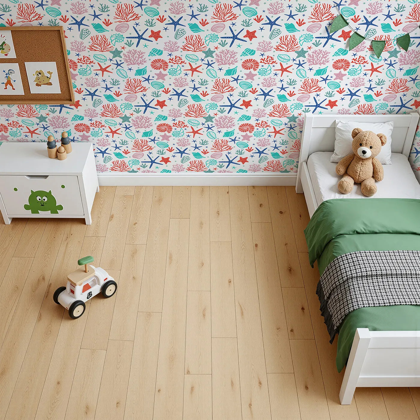 Top-Down view of Whimsy Tots' Vibrant Coral Reef Wallpaper (W2242).Where a rainbow of sea treasures creates an ocean of color.