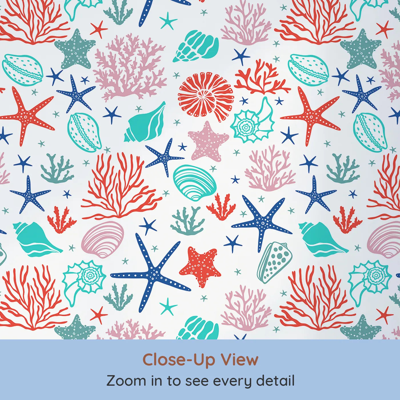 Close-up view of Whimsy Tots' Vibrant Coral Reef Wallpaper (W2242).Where a rainbow of sea treasures creates an ocean of color.