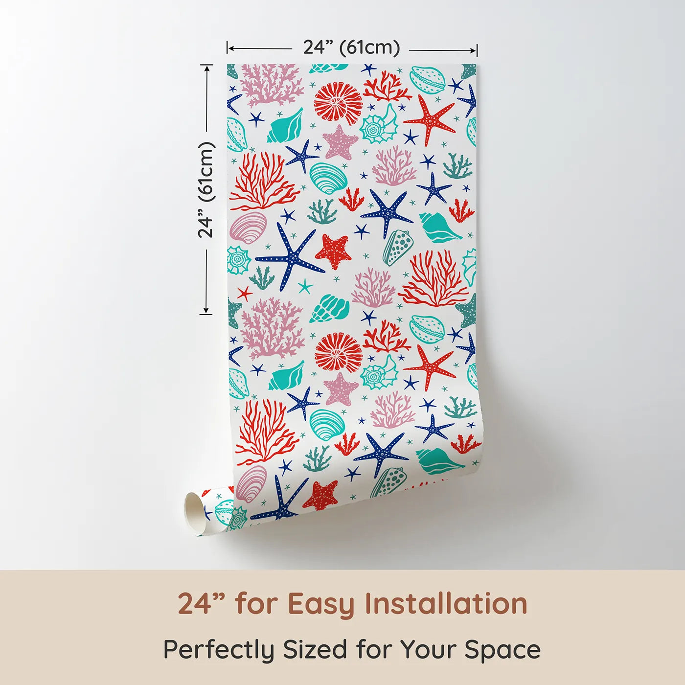 Dimension view of Whimsy Tots Vibrant Coral Reef Wallpaper (W2242). Printed in 24-inch-wide panel for easy installation. Where a rainbow of sea treasures creates an ocean of color.