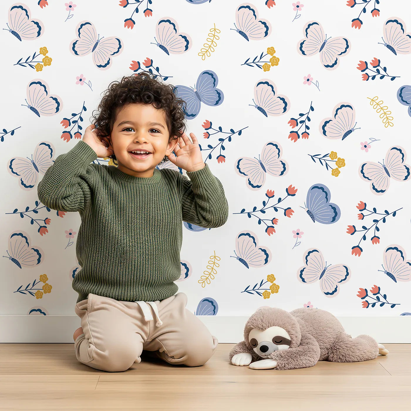 Lovely child standing in front of Whimsy Tots Butterfly Garden Bloom Wallpaper with butterfly, flower, floral, botanical, modern in design.