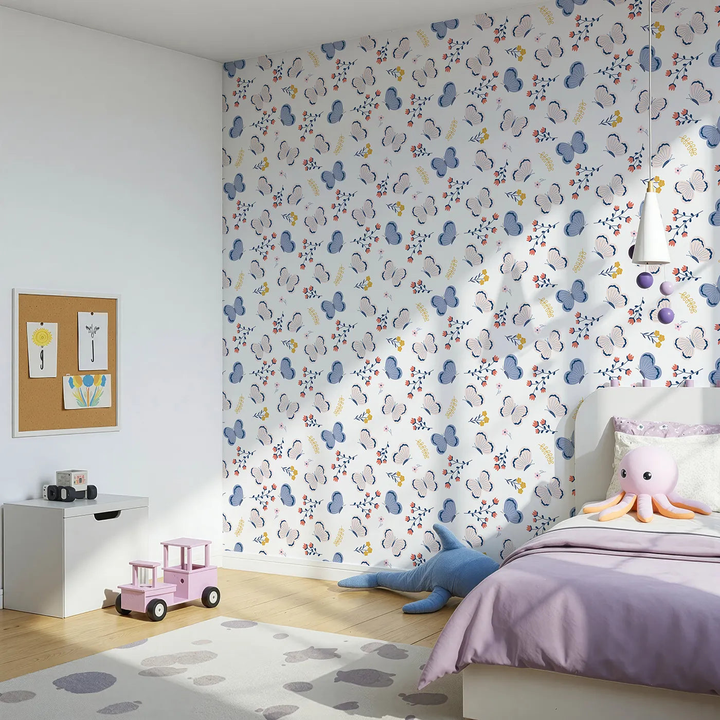Angled view of Whimsy Tots' Butterfly Garden Bloom Wallpaper (W2243).Where sweet butterflies and simple flowers dance on the breeze.