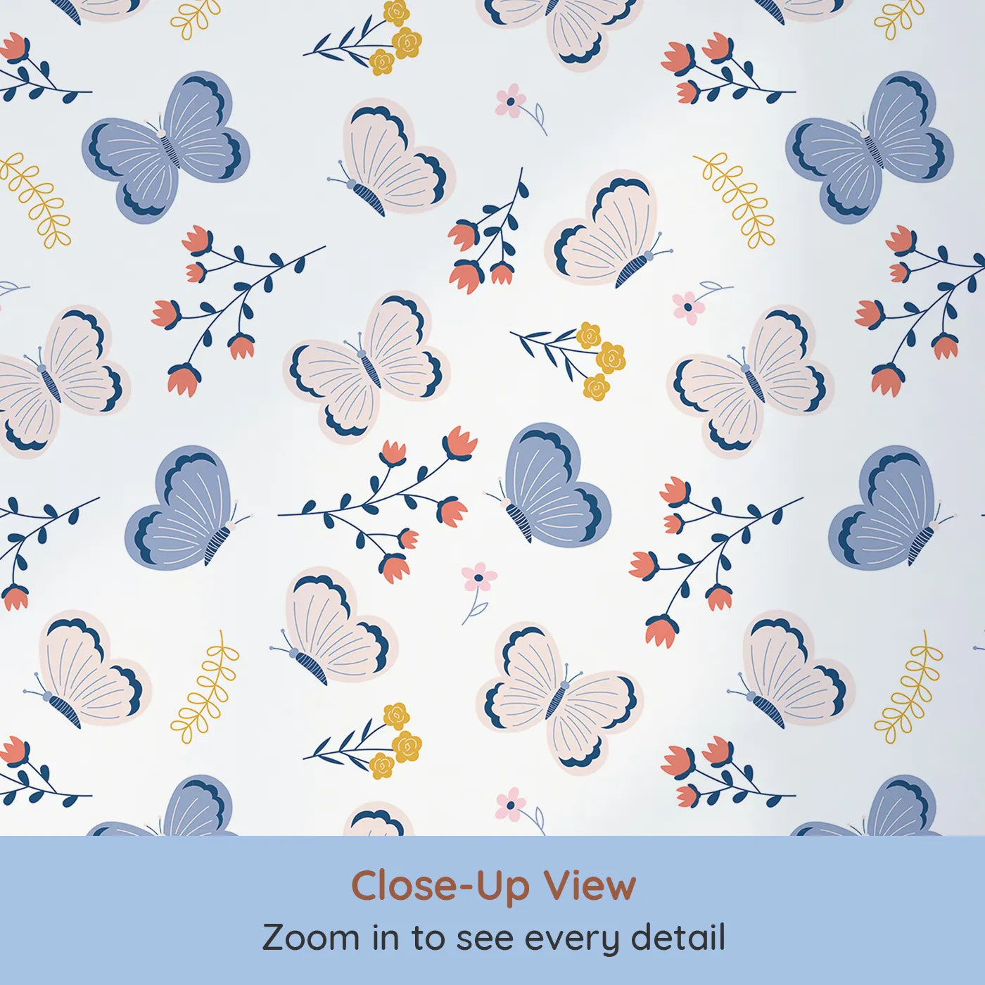 Close-up view of Whimsy Tots' Butterfly Garden Bloom Wallpaper (W2243).Where sweet butterflies and simple flowers dance on the breeze.