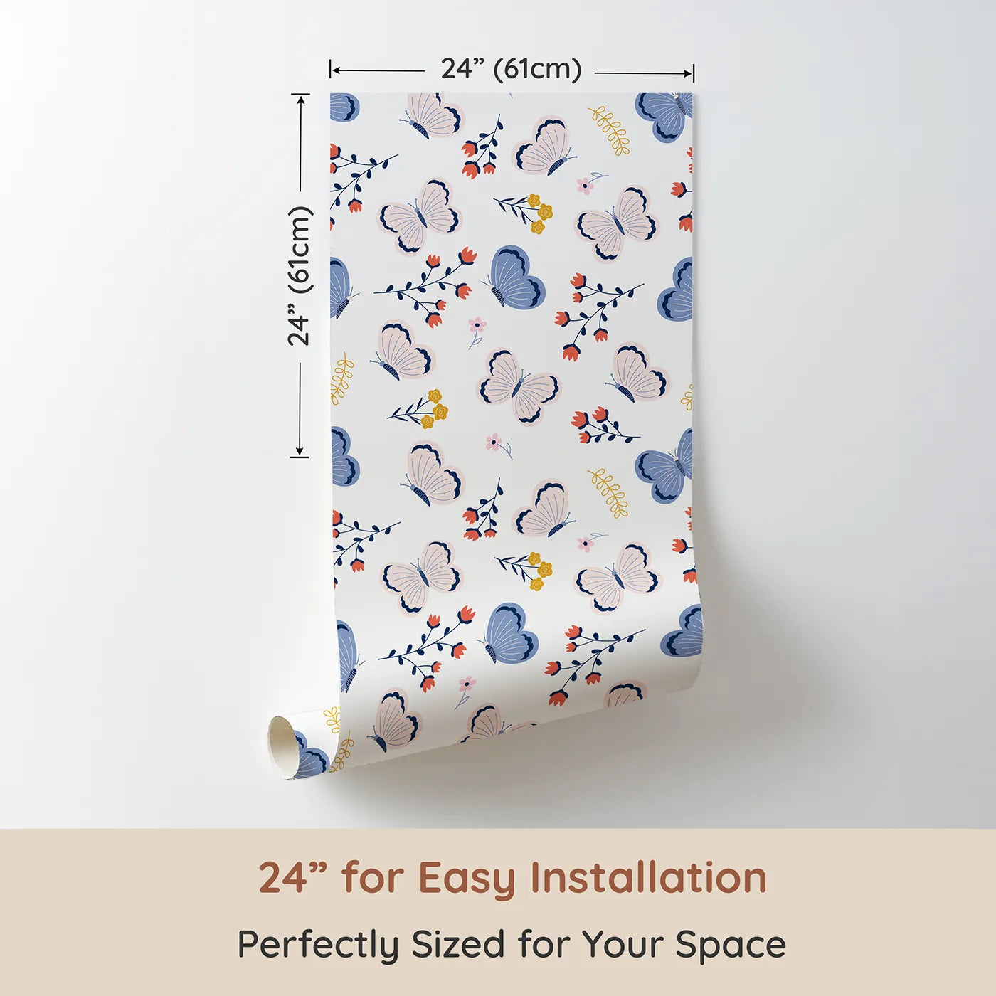 Dimension view of Whimsy Tots Butterfly Garden Bloom Wallpaper (W2243). Printed in 24-inch-wide panel for easy installation. Where sweet butterflies and simple flowers dance on the breeze.