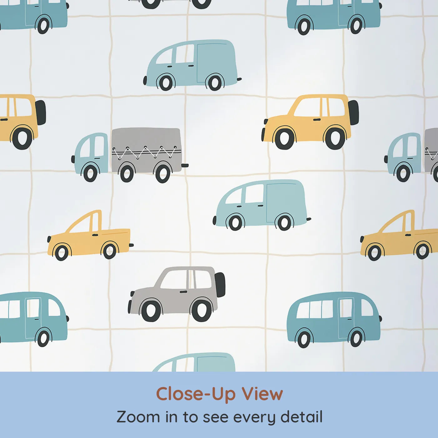 Close-up view of Whimsy Tots' Gridlock Pals Car and Truck Wallpaper (W2244).Where a friendly traffic jam is always a fun adventure.