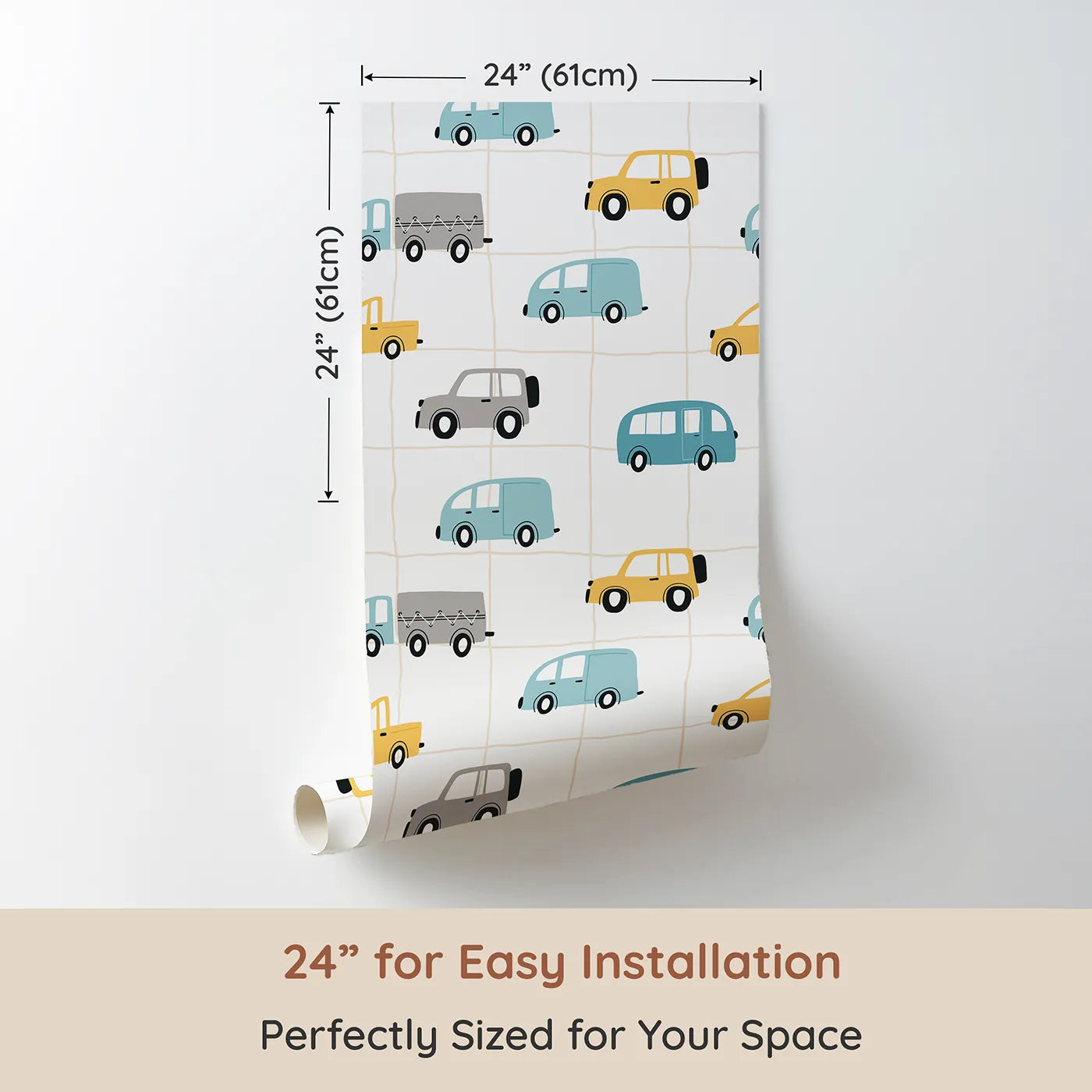 Dimension view of Whimsy Tots Gridlock Pals Car and Truck Wallpaper (W2244). Printed in 24-inch-wide panel for easy installation. Where a friendly traffic jam is always a fun adventure.
