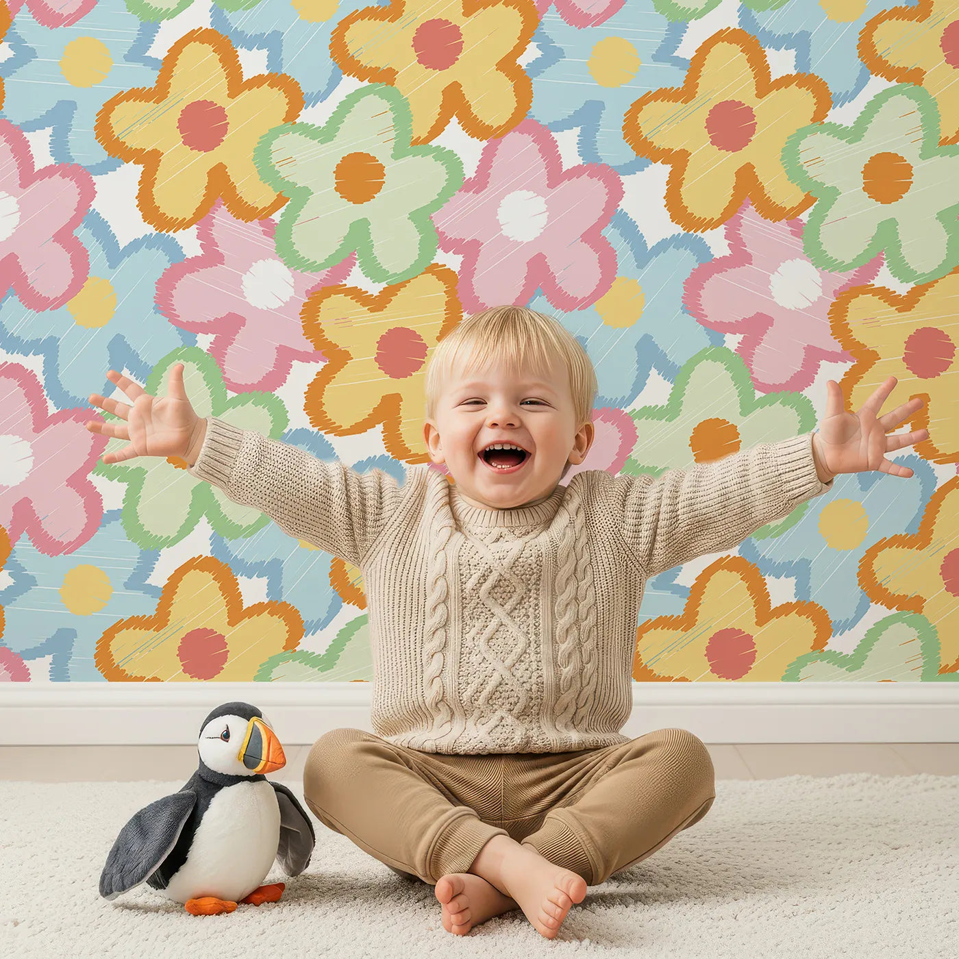 Lovely child standing in front of Whimsy Tots Scribble Flower Power Wallpaper with flower, scribble, colorful, abstract, pastel in design.