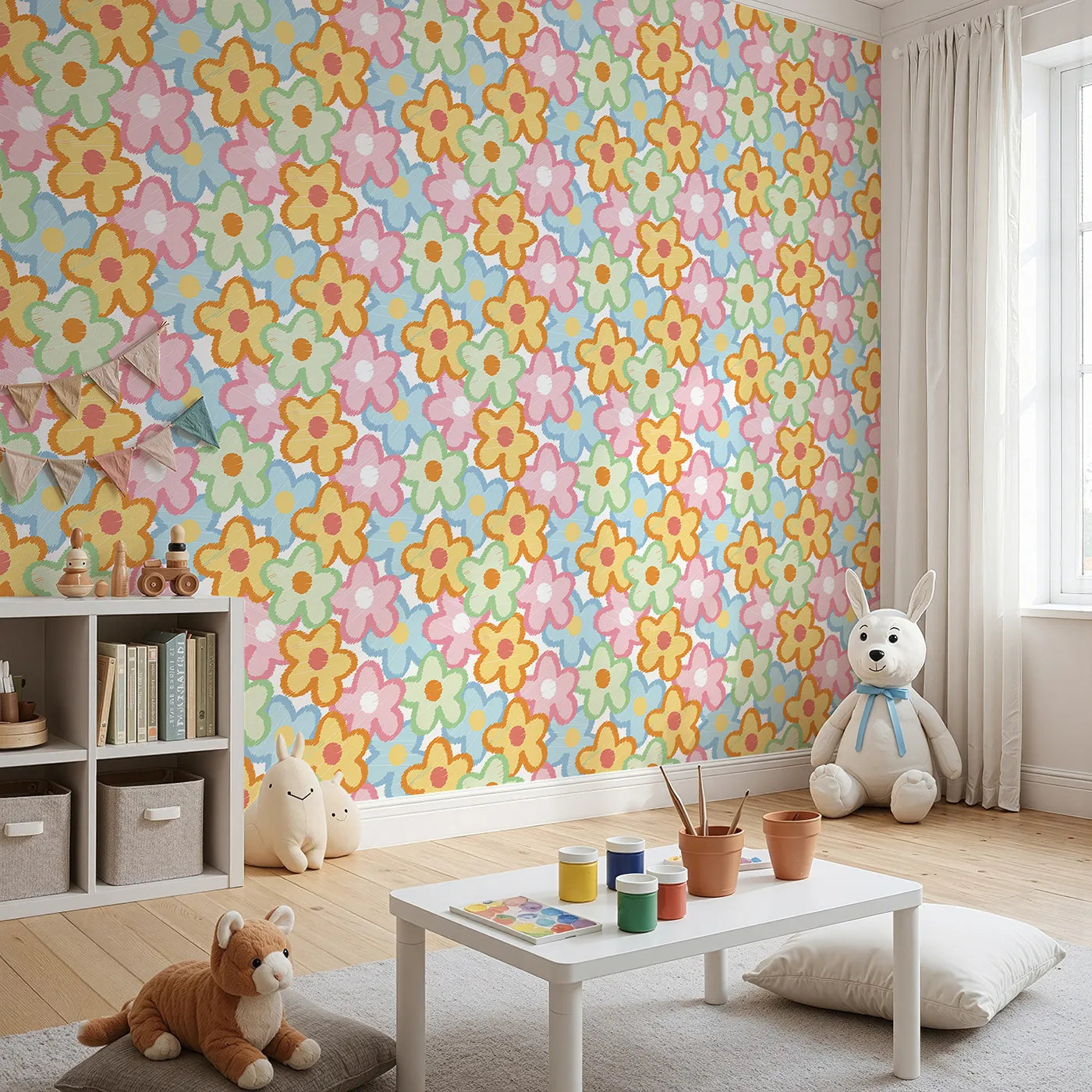Angled view of Whimsy Tots' Scribble Flower Power Wallpaper (W2245).Where a rainbow of scribbled petals creates a world of fun.