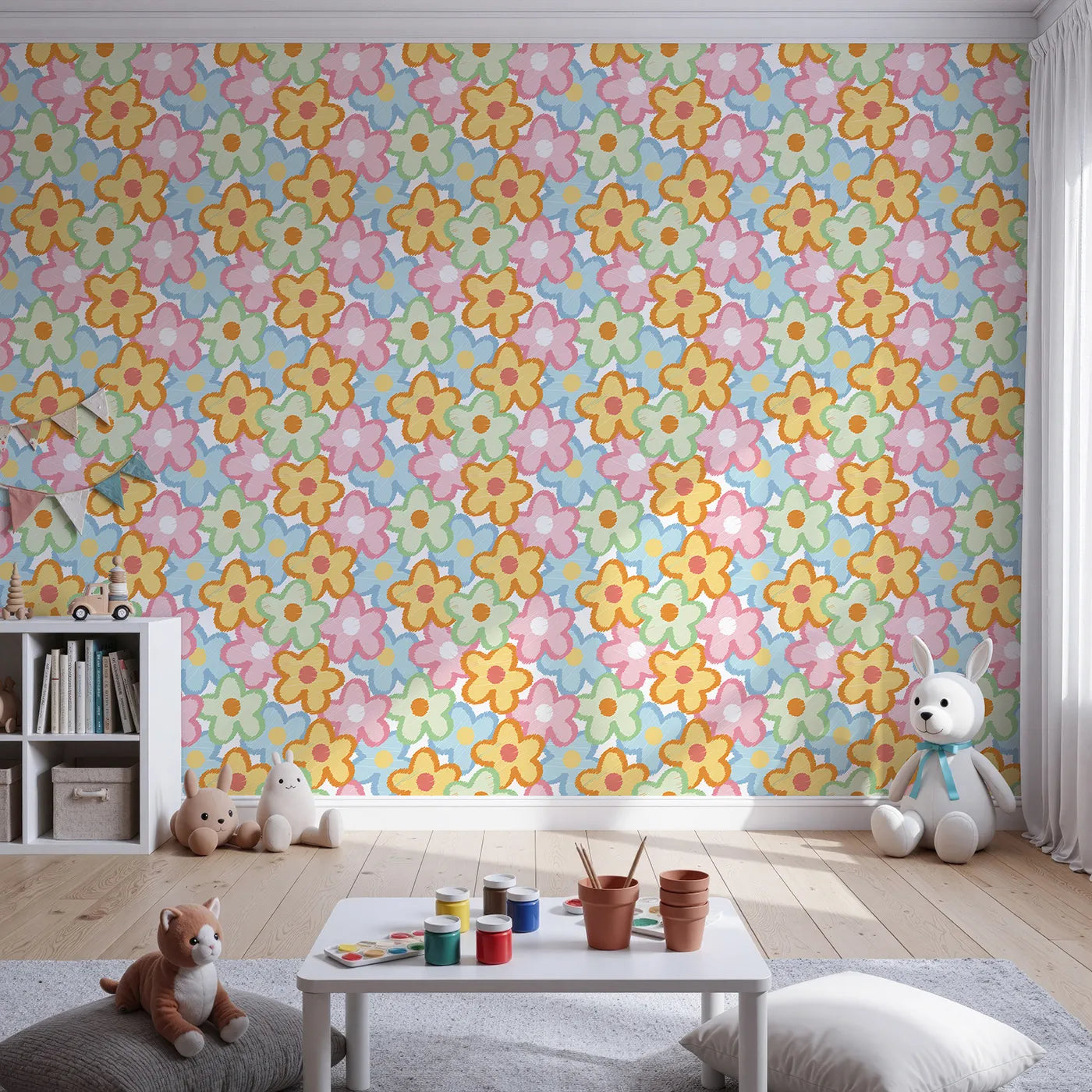 Front view of Whimsy Tots' Scribble Flower Power Wallpaper