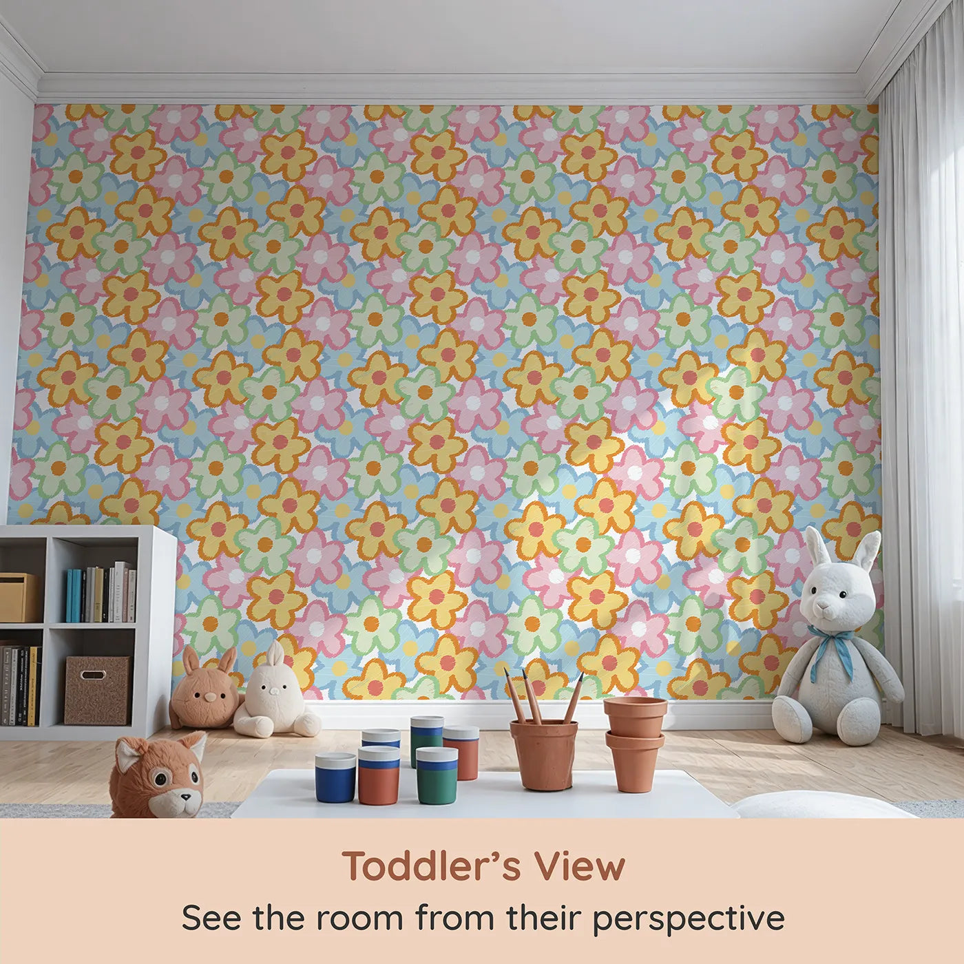 Whimsy Tots Scribble Flower Power Wallpaper (W2245) from your child's view.Where a rainbow of scribbled petals creates a world of fun.