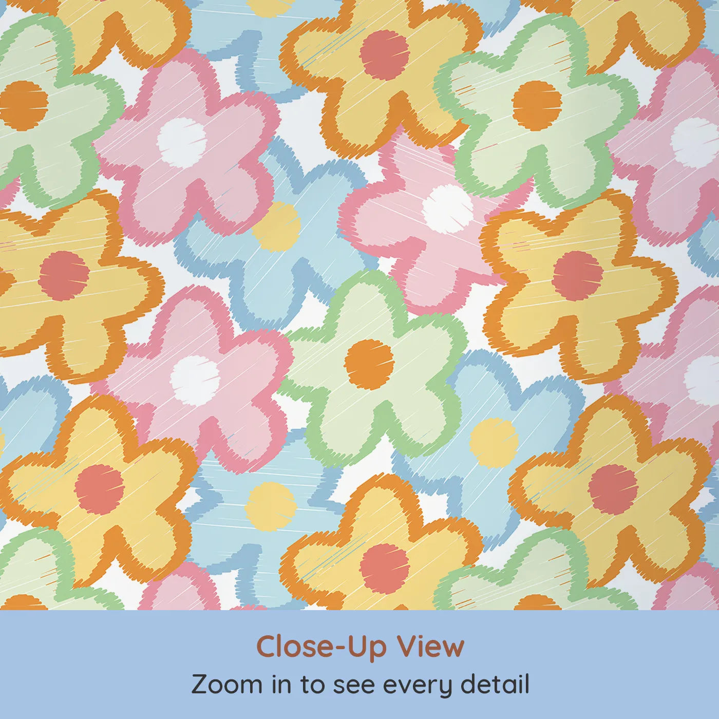 Close-up view of Whimsy Tots' Scribble Flower Power Wallpaper (W2245).Where a rainbow of scribbled petals creates a world of fun.