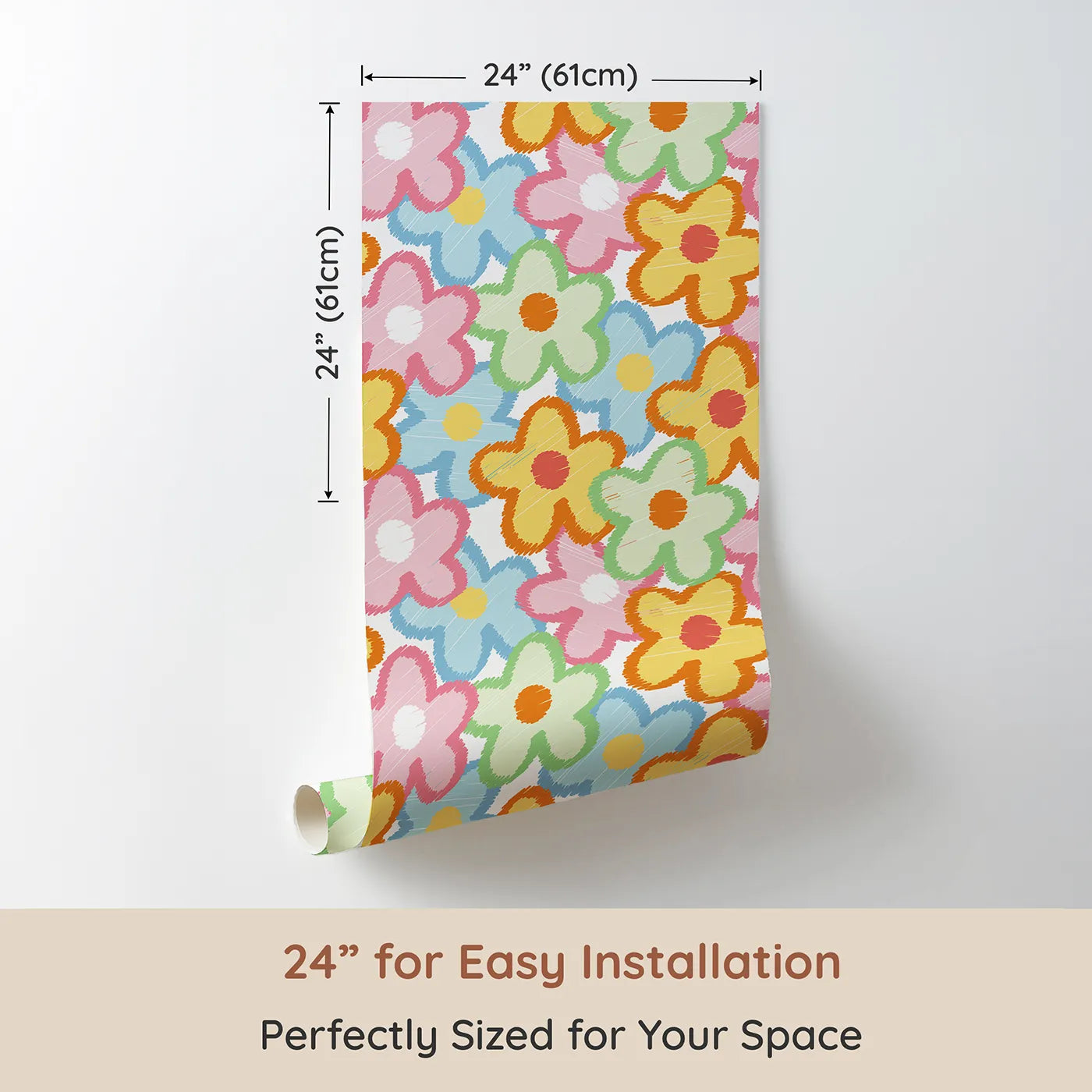 Dimension view of Whimsy Tots Scribble Flower Power Wallpaper (W2245). Printed in 24-inch-wide panel for easy installation. Where a rainbow of scribbled petals creates a world of fun.