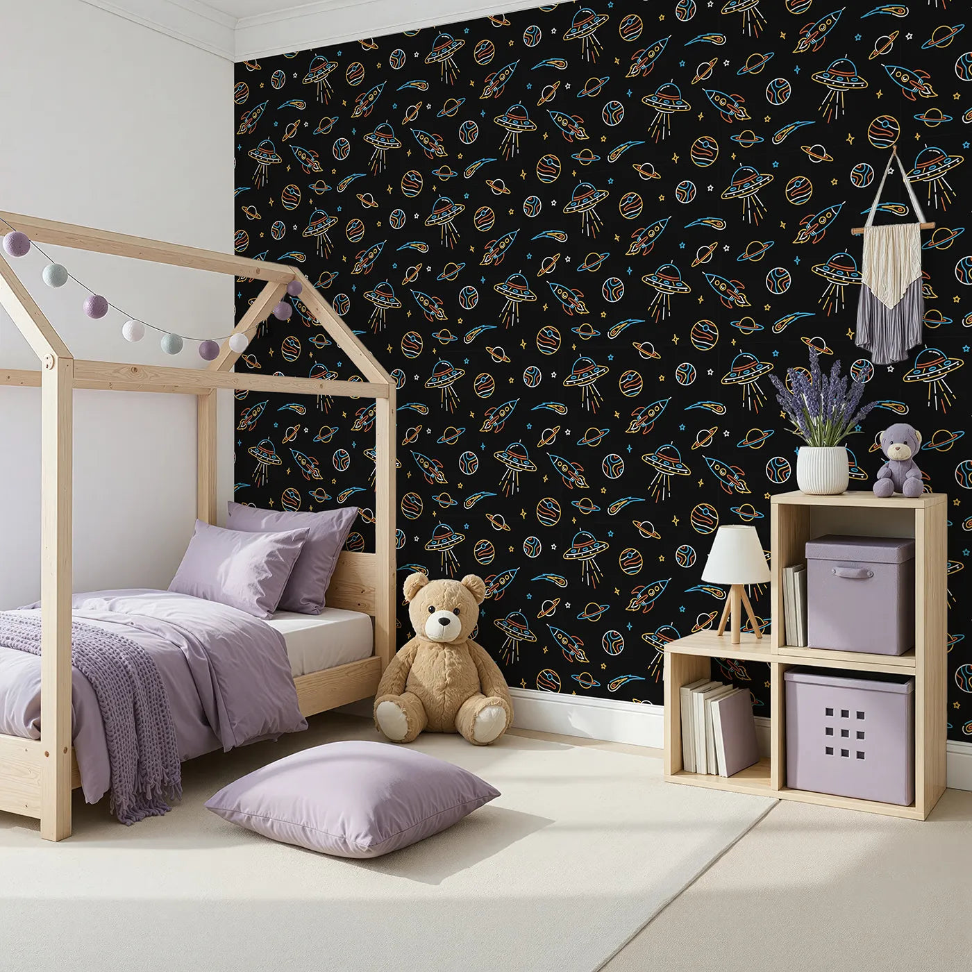 Angled view of Whimsy Tots' Neon Space Voyage Wallpaper (W2246).Where neon rockets and planets light up a deep space adventure.