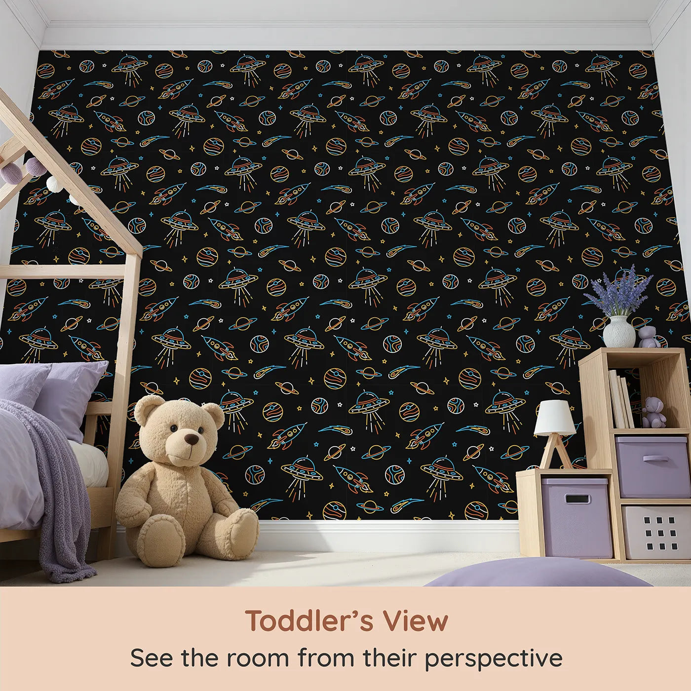 Whimsy Tots Neon Space Voyage Wallpaper (W2246) from your child's view.Where neon rockets and planets light up a deep space adventure.