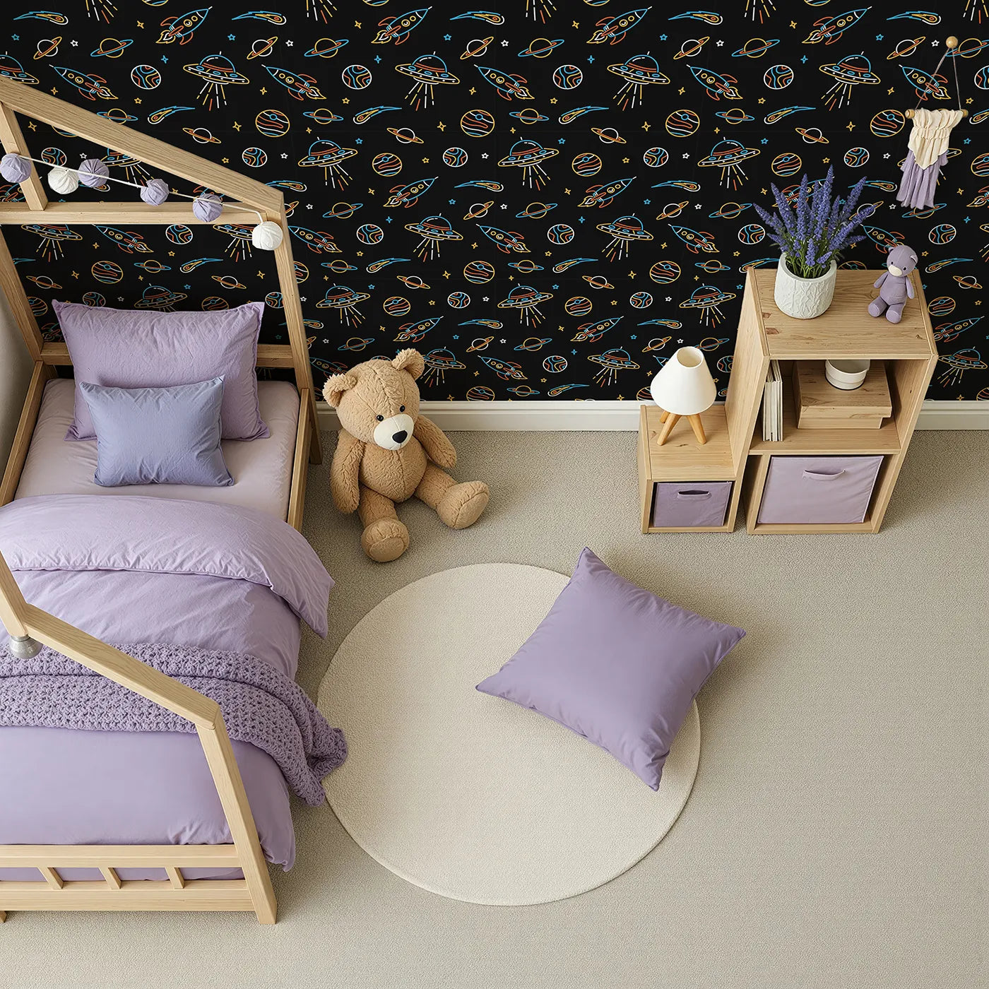 Top-Down view of Whimsy Tots' Neon Space Voyage Wallpaper (W2246).Where neon rockets and planets light up a deep space adventure.