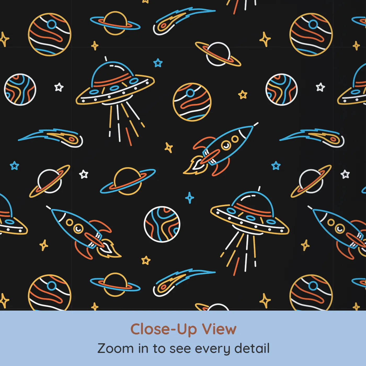 Close-up view of Whimsy Tots' Neon Space Voyage Wallpaper (W2246).Where neon rockets and planets light up a deep space adventure.