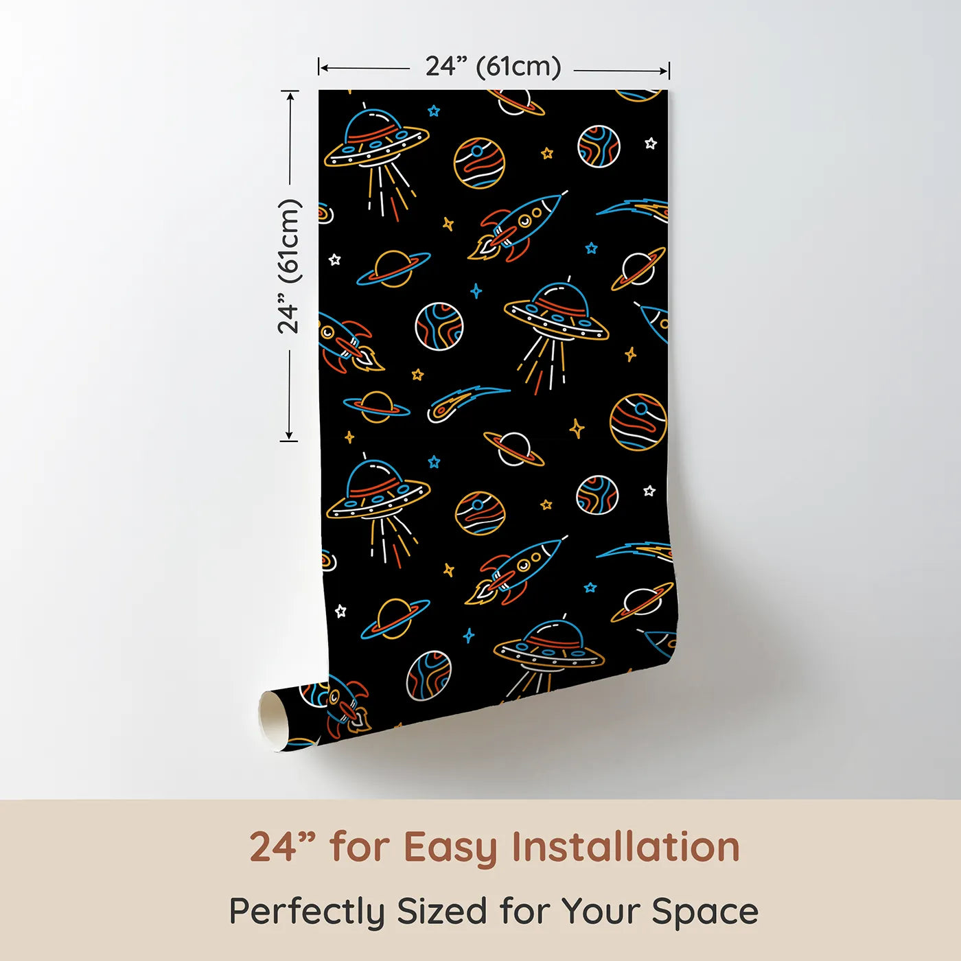 Dimension view of Whimsy Tots Neon Space Voyage Wallpaper (W2246). Printed in 24-inch-wide panel for easy installation. Where neon rockets and planets light up a deep space adventure.