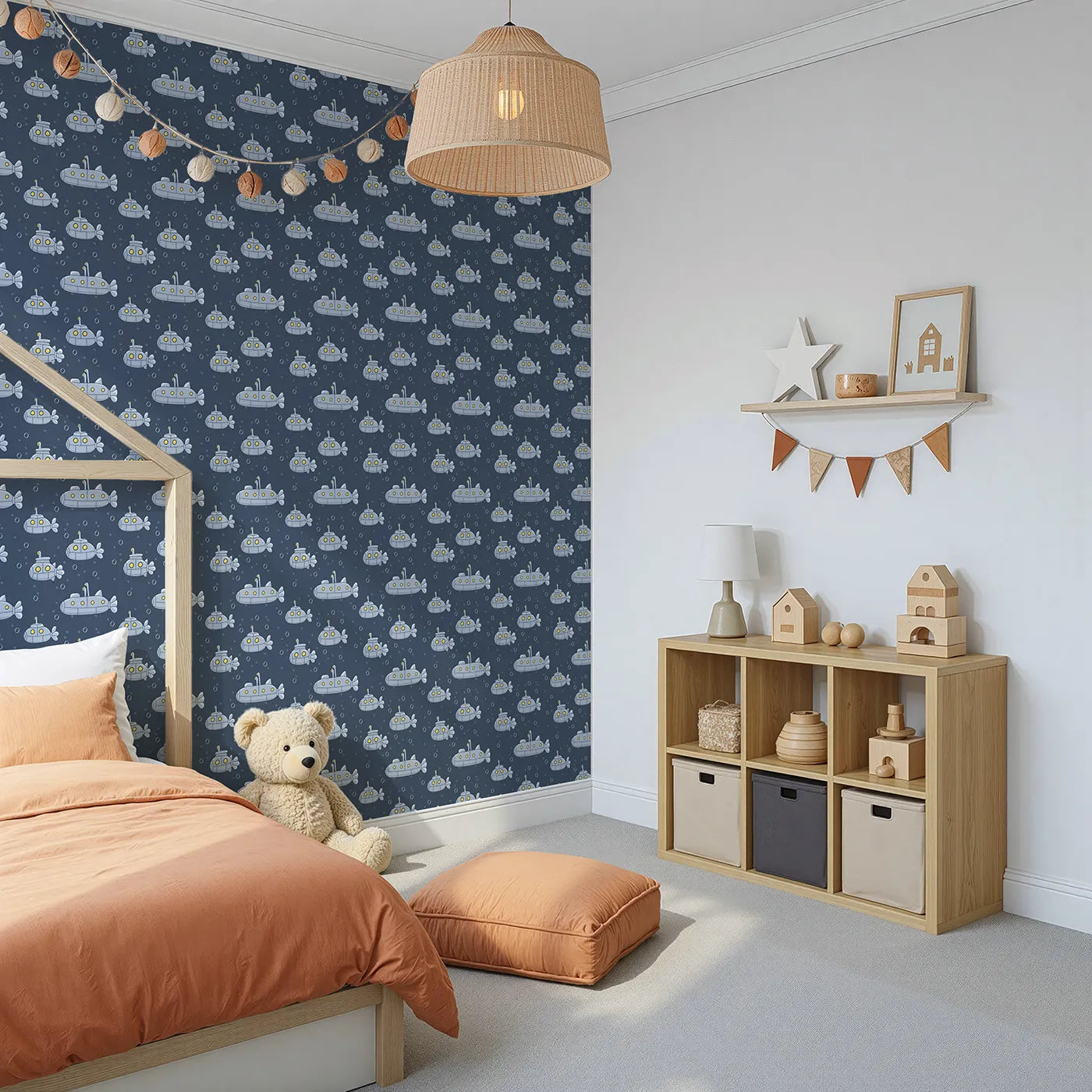 Angled view of Whimsy Tots' Deep Sea Submarine Wallpaper (W2247).Where a fleet of submarines explores the deep, dark sea.