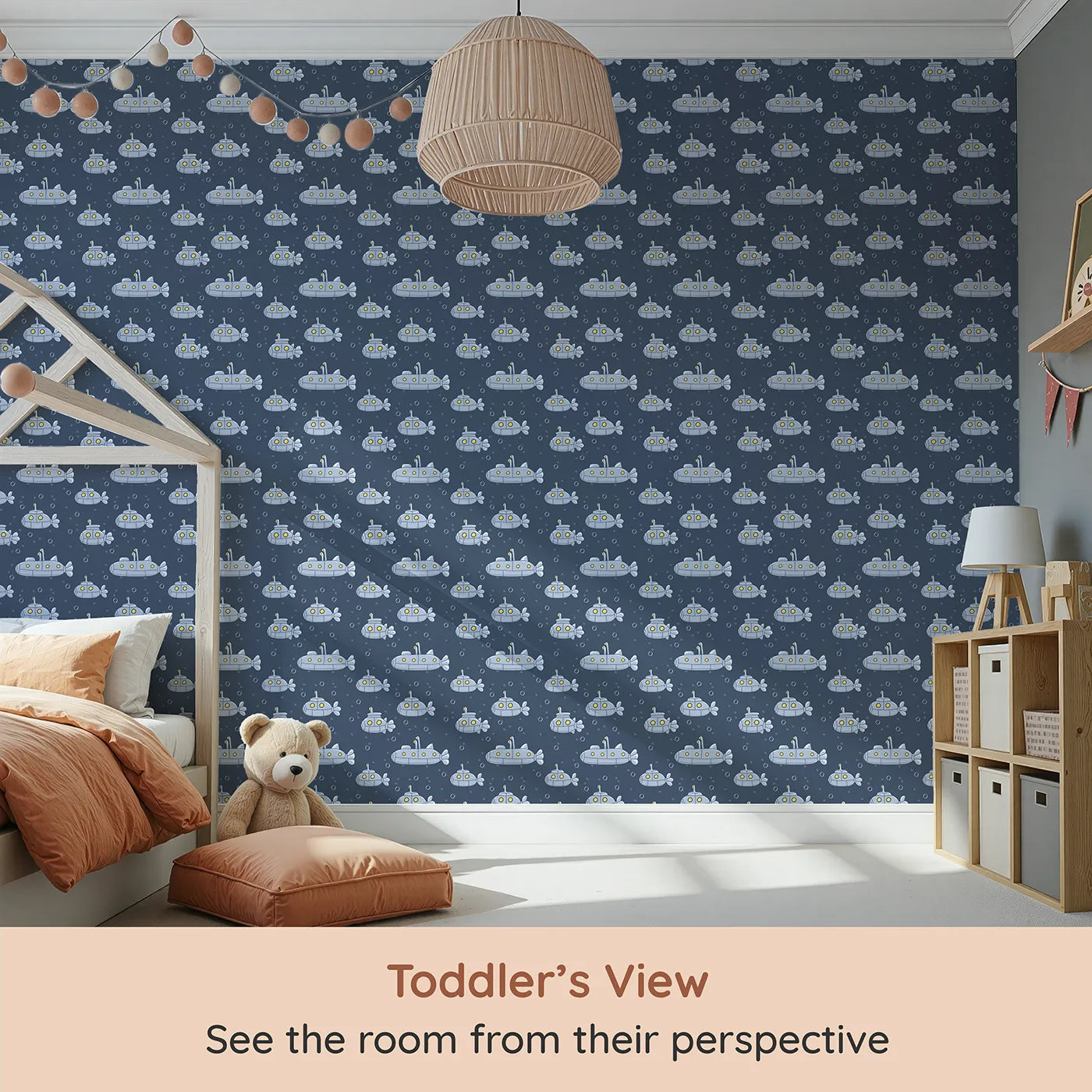 Whimsy Tots Deep Sea Submarine Wallpaper (W2247) from your child's view.Where a fleet of submarines explores the deep, dark sea.