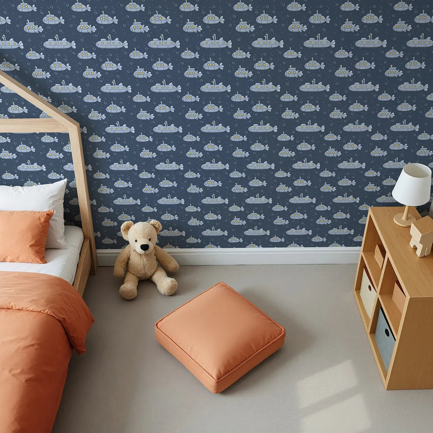 Top-Down view of Whimsy Tots' Deep Sea Submarine Wallpaper (W2247).Where a fleet of submarines explores the deep, dark sea.