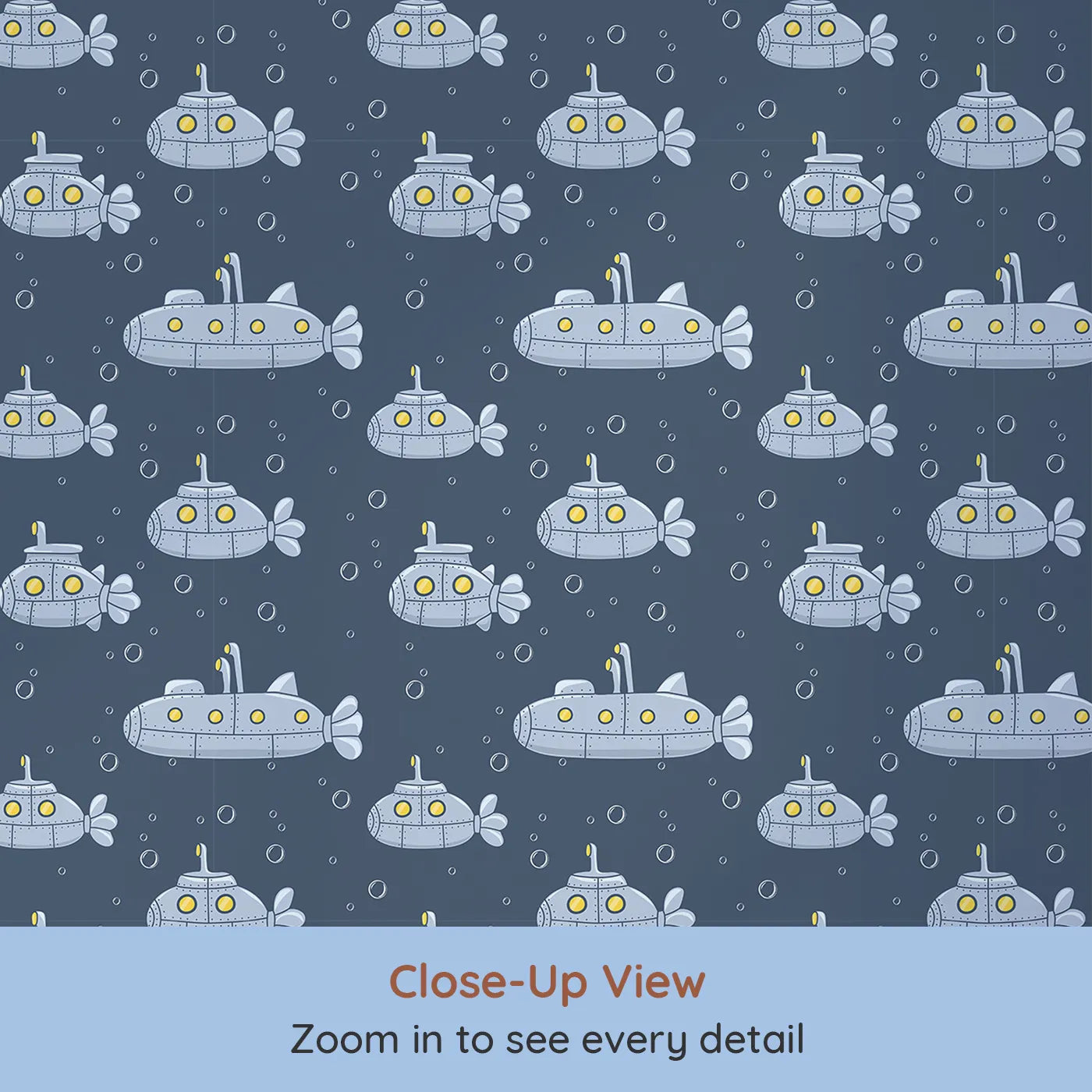 Close-up view of Whimsy Tots' Deep Sea Submarine Wallpaper (W2247).Where a fleet of submarines explores the deep, dark sea.