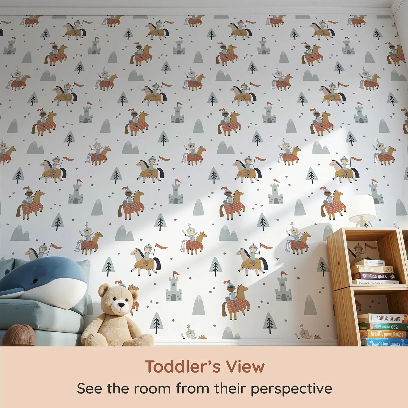Whimsy Tots Brave Knights of the Kingdom Wallpaper (W2249) from your child's view.Where brave knights and their trusty steeds are ready for a quest.