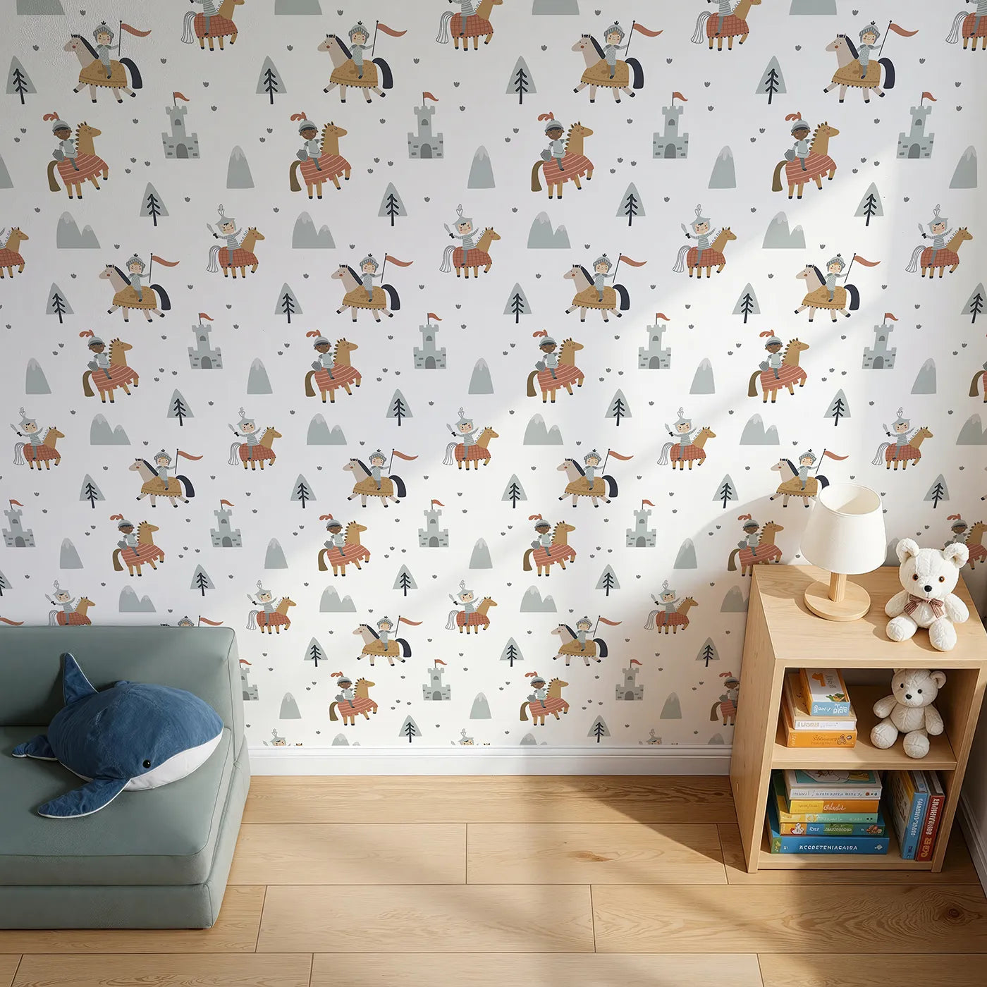 Top-Down view of Whimsy Tots' Brave Knights of the Kingdom Wallpaper (W2249).Where brave knights and their trusty steeds are ready for a quest.