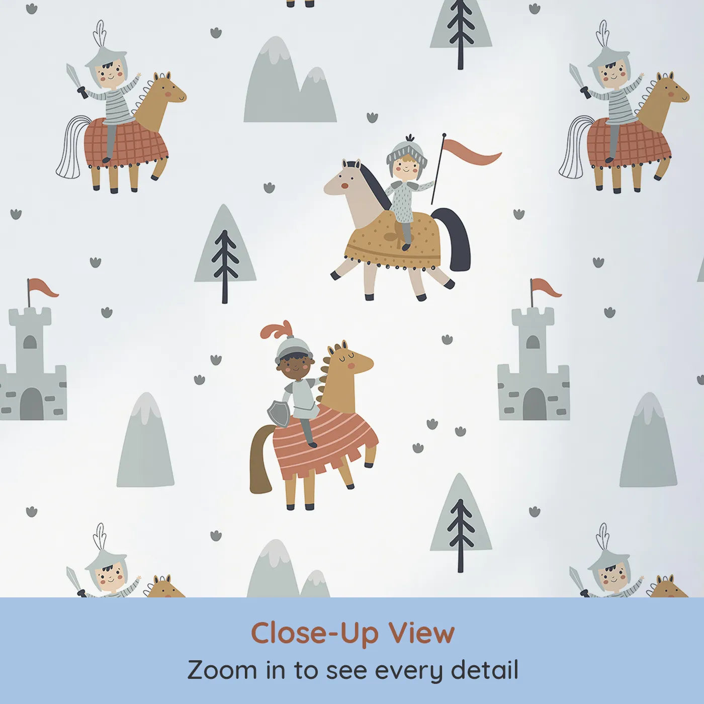 Close-up view of Whimsy Tots' Brave Knights of the Kingdom Wallpaper (W2249).Where brave knights and their trusty steeds are ready for a quest.