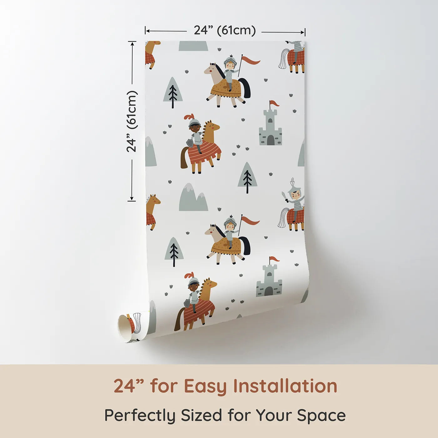 Dimension view of Whimsy Tots Brave Knights of the Kingdom Wallpaper (W2249). Printed in 24-inch-wide panel for easy installation. Where brave knights and their trusty steeds are ready for a quest.