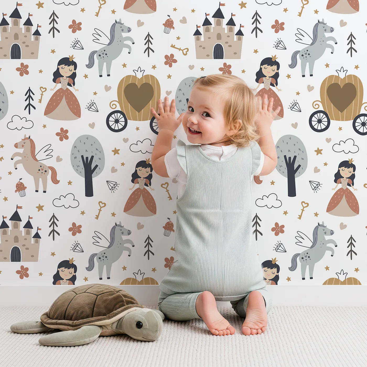Lovely child standing in front of Whimsy Tots Fairytale Princess Garden Wallpaper with princess, castle, pegasus, carriage, fairytale in design.