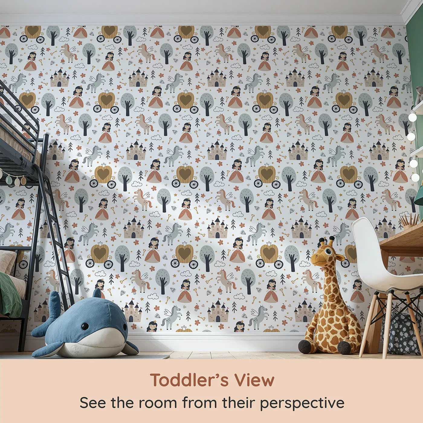 Whimsy Tots Fairytale Princess Garden Wallpaper (W2250) from your child's view.Where every day is a beautiful fairytale waiting to happen.