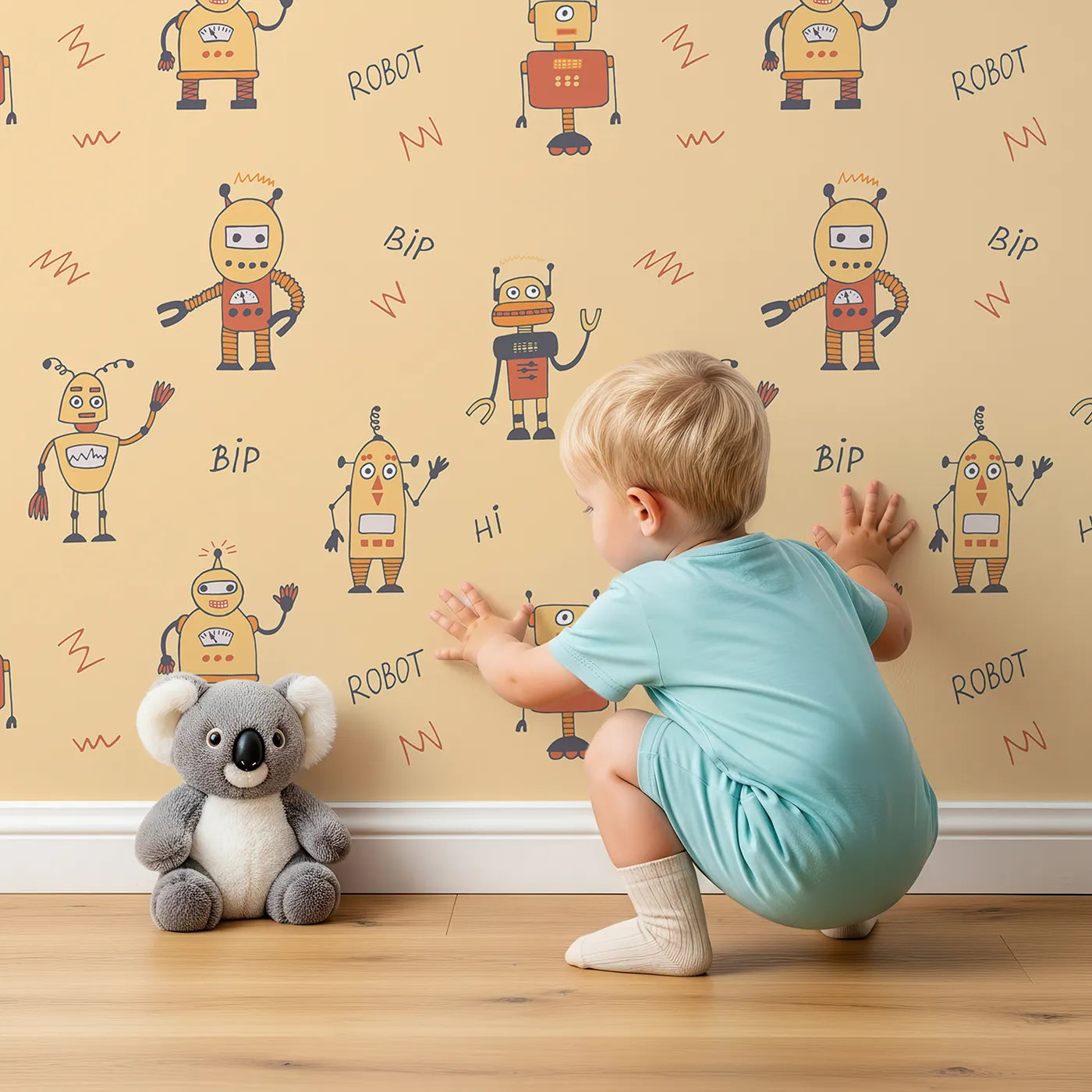 Lovely child standing in front of Whimsy Tots Retro Robot Friends Wallpaper with robot, retro, vintage, doodle, orange in design.