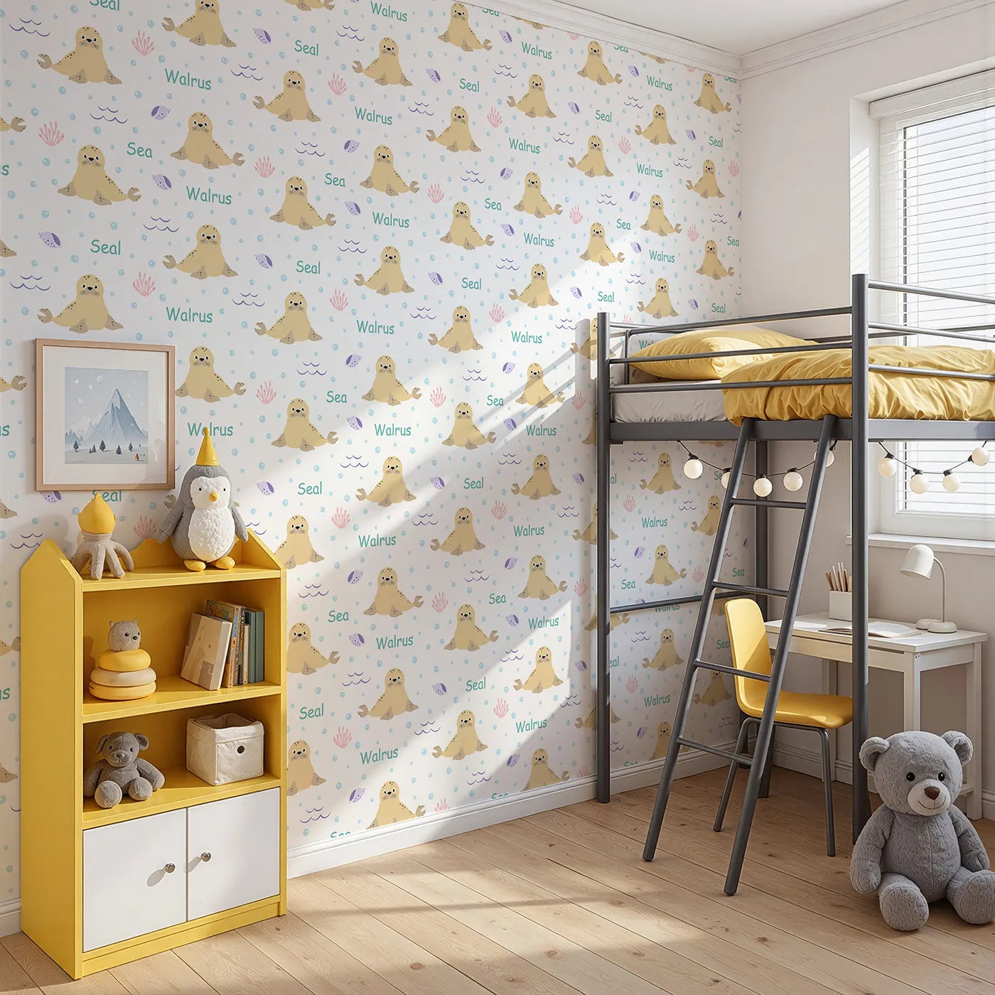 Angled view of Whimsy Tots' Arctic Seal and Walrus Wallpaper (W2252).Where happy seals and walruses swim and play all day.