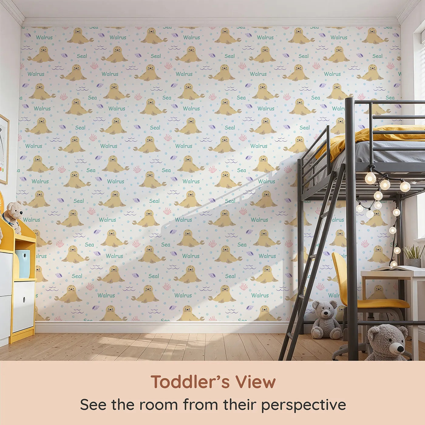 Whimsy Tots Arctic Seal and Walrus Wallpaper (W2252) from your child's view.Where happy seals and walruses swim and play all day.