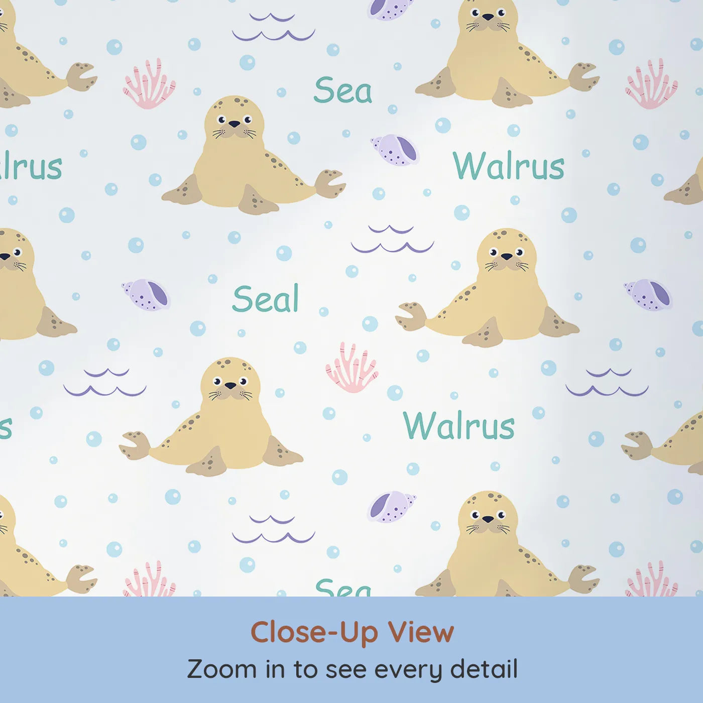 Close-up view of Whimsy Tots' Arctic Seal and Walrus Wallpaper (W2252).Where happy seals and walruses swim and play all day.