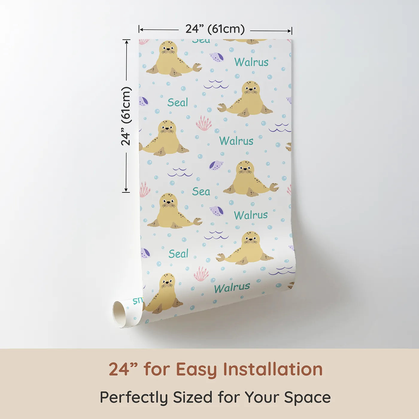 Dimension view of Whimsy Tots Arctic Seal and Walrus Wallpaper (W2252). Printed in 24-inch-wide panel for easy installation. Where happy seals and walruses swim and play all day.